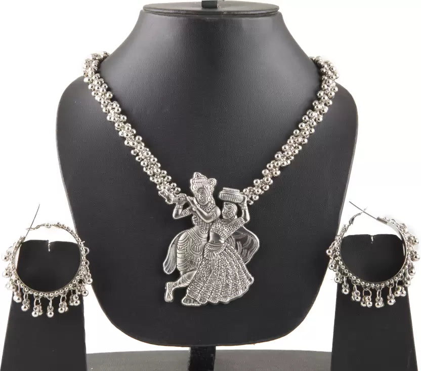 Hand Made  3 Pc Designer Oxidised Radha Krishna Chain Pendant Necklace Set With Matching Earrings and Bracelet Kada