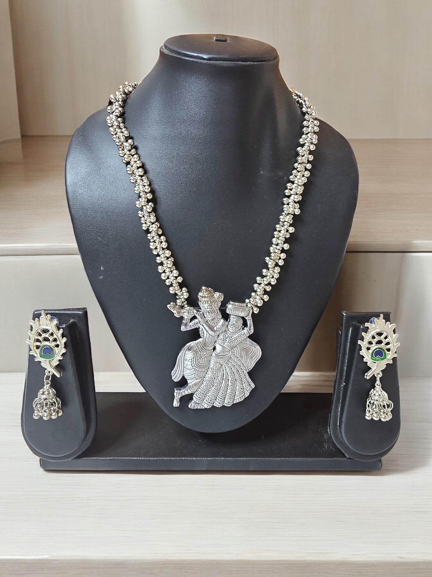 Divine Melody Oxidized Krishna Radha Necklace Set-Handmade