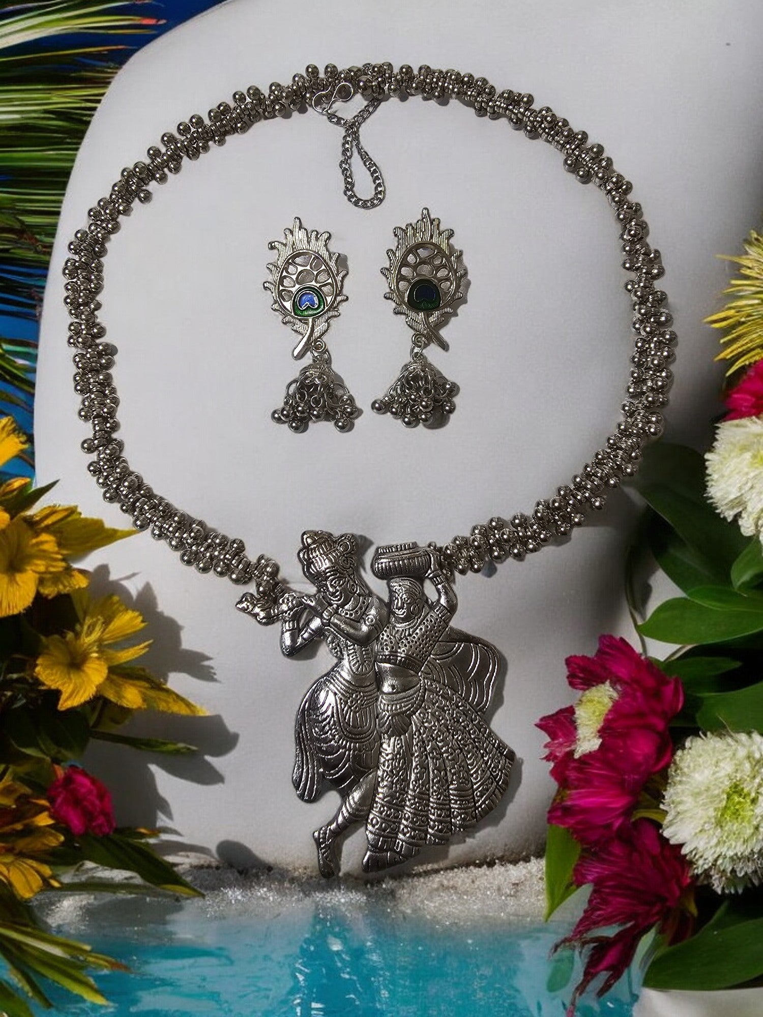 Divine Melody Oxidized Krishna Radha Necklace Set-Handmade