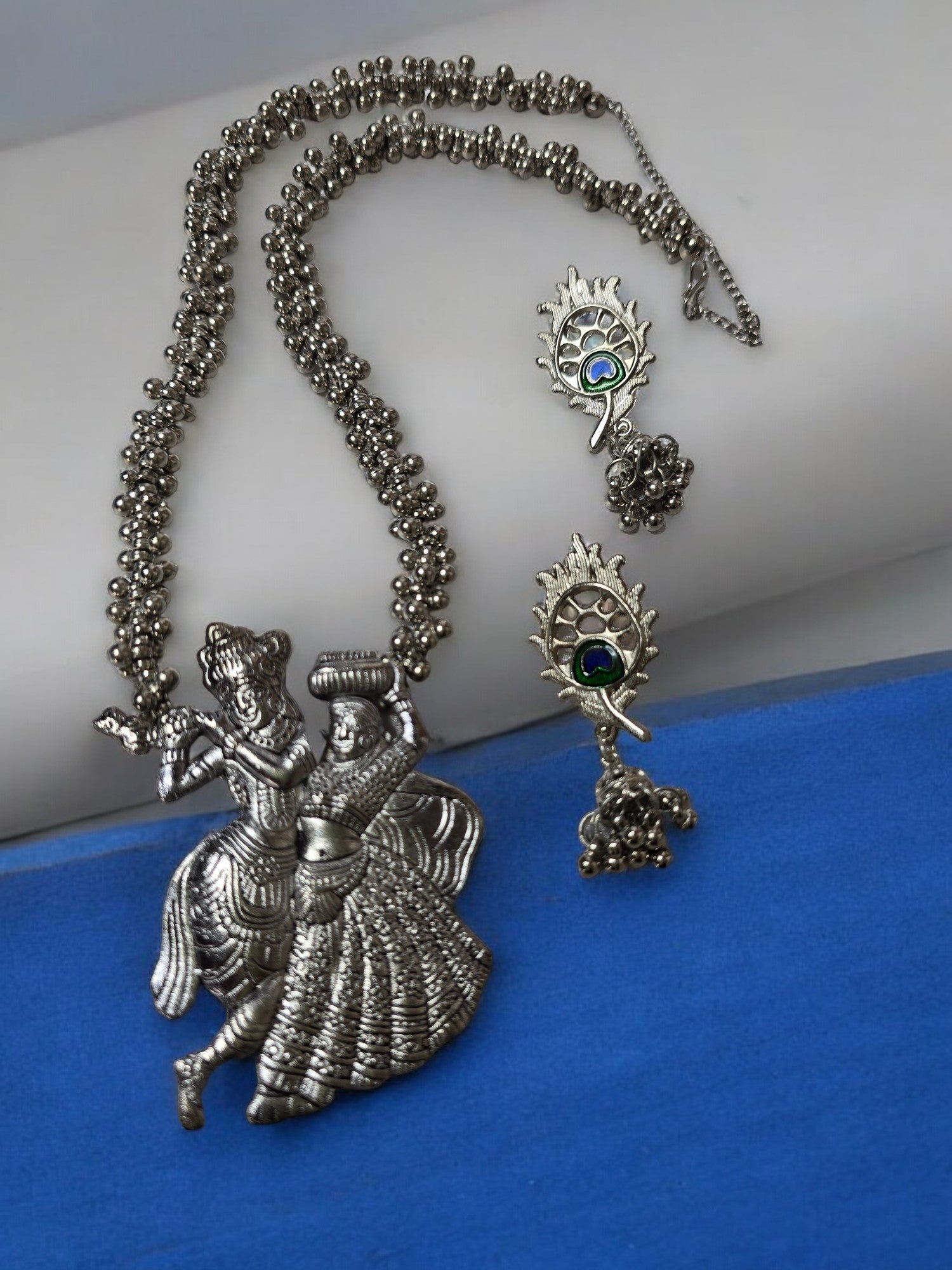 Divine Melody Oxidized Krishna Radha Necklace Set-Handmade