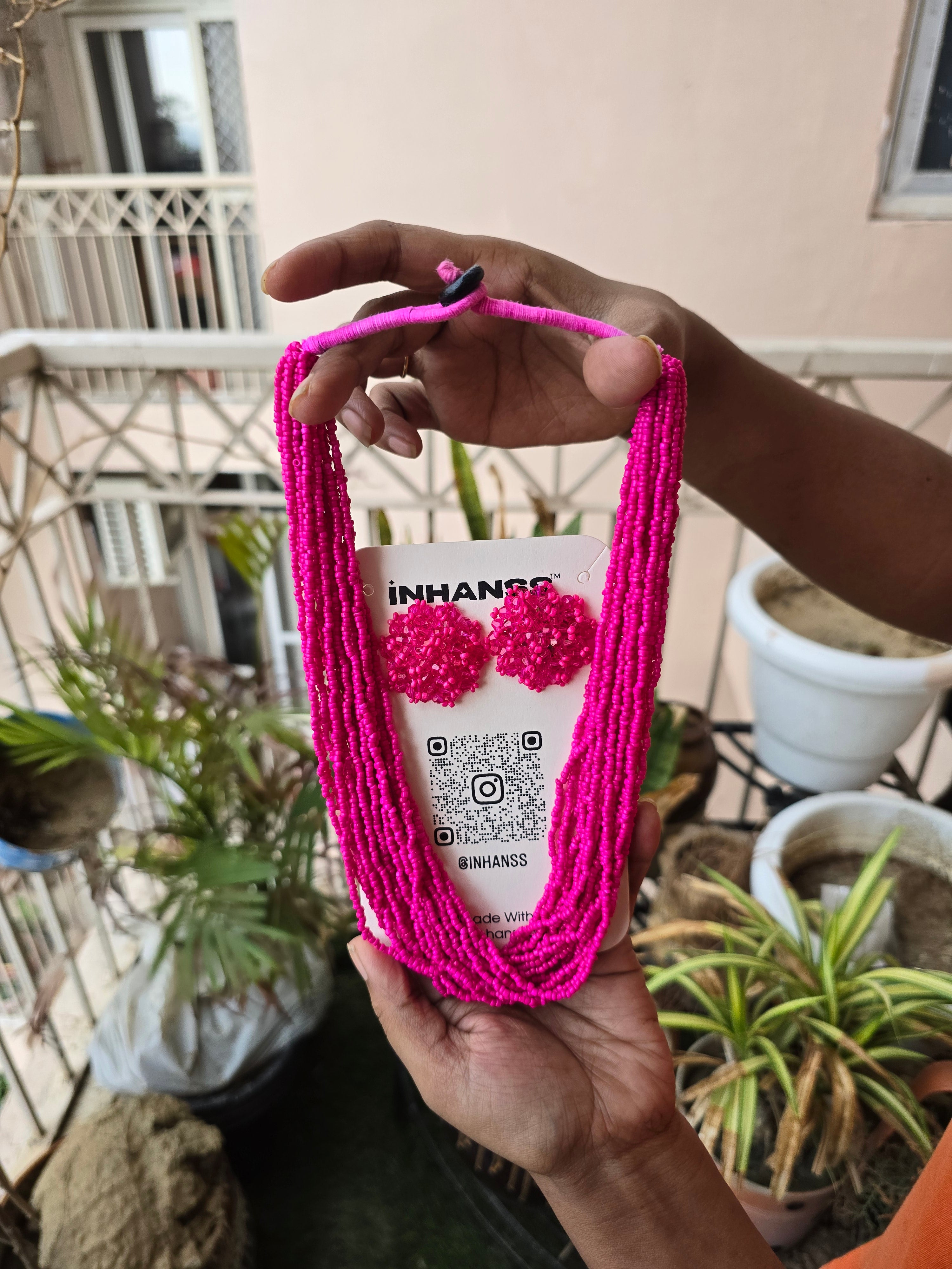 Fuchsia Flow: Handmade Multi-Layered Beaded Necklace(20 Layers)