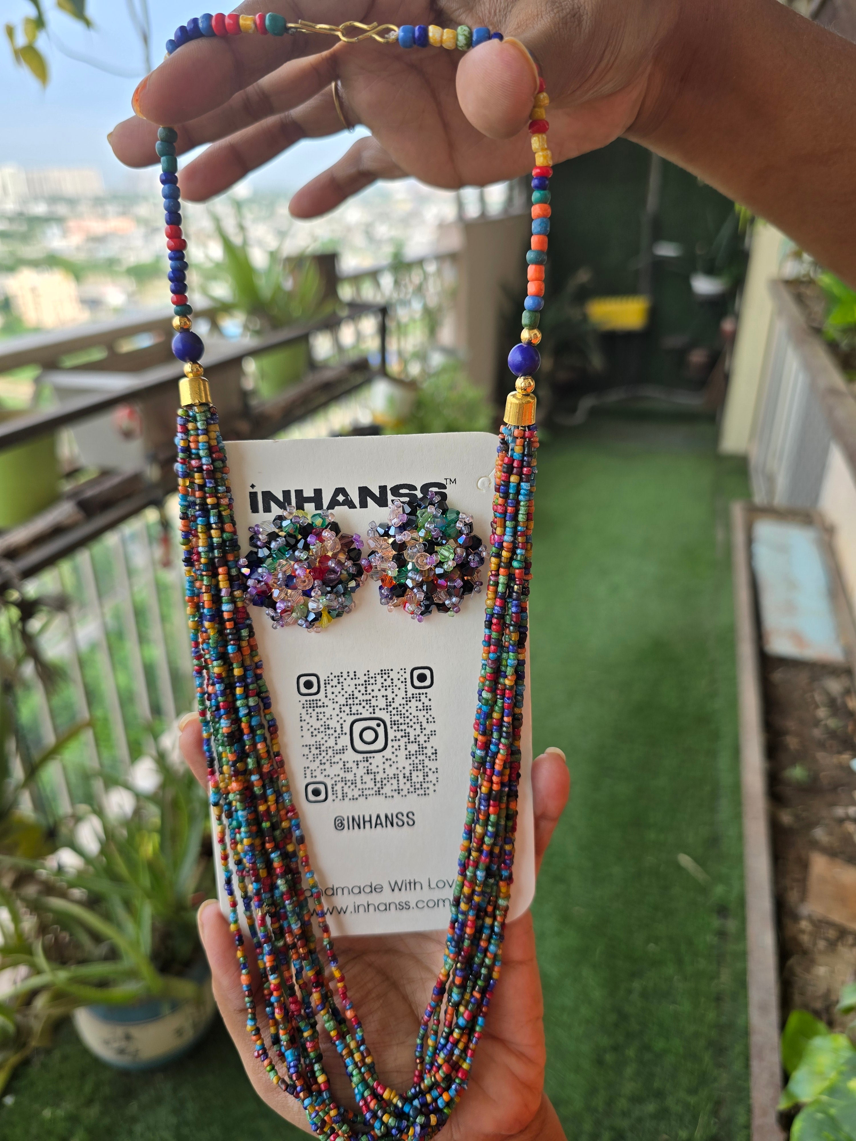 Colour Carnival: Handmade Multi-Layered Beaded Necklace With Earrings (12 Layers)