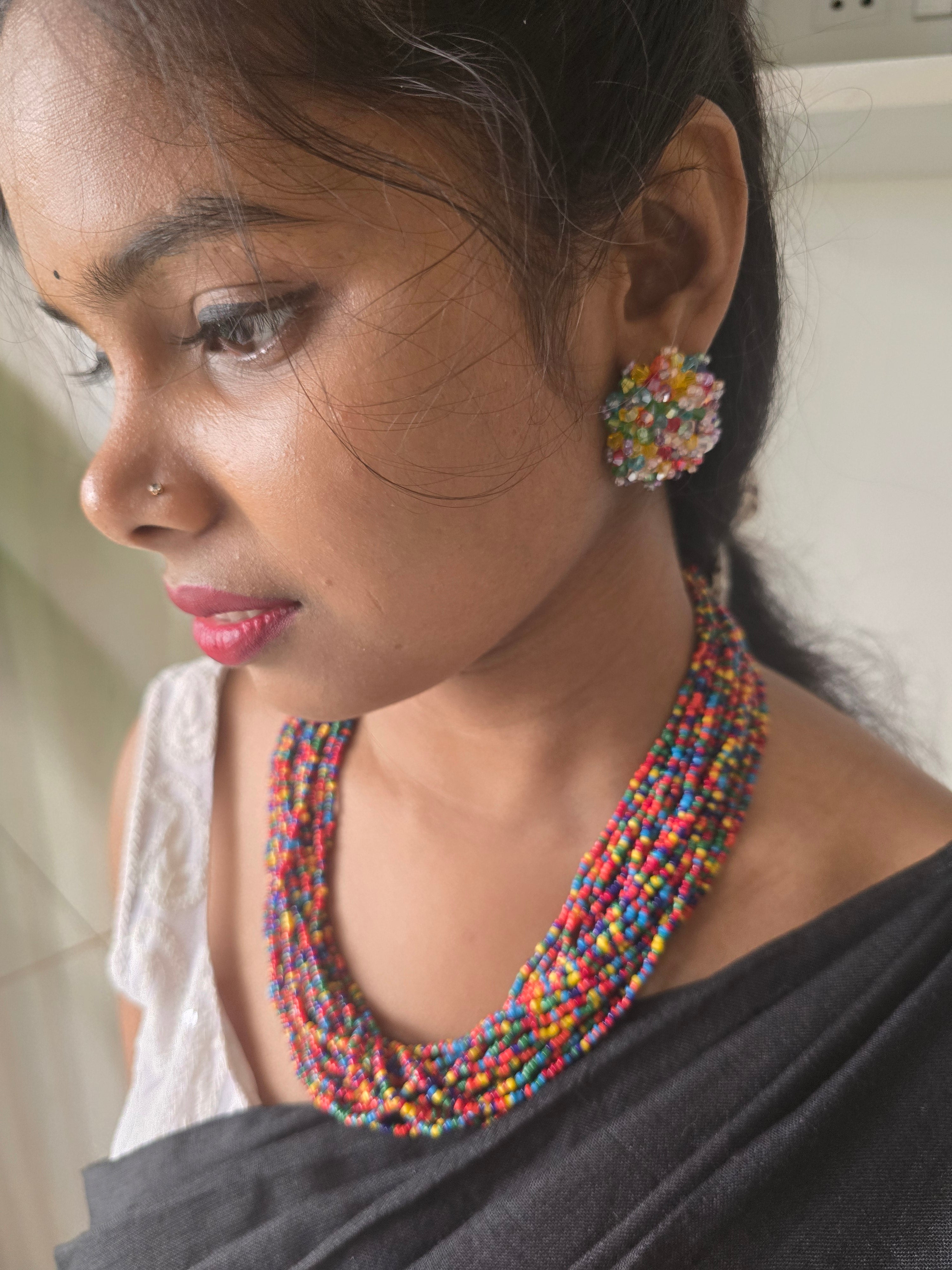 Spectrum Splendour: Handmade Multi-Layered Beaded Necklace & Earring Set (20 Layers)