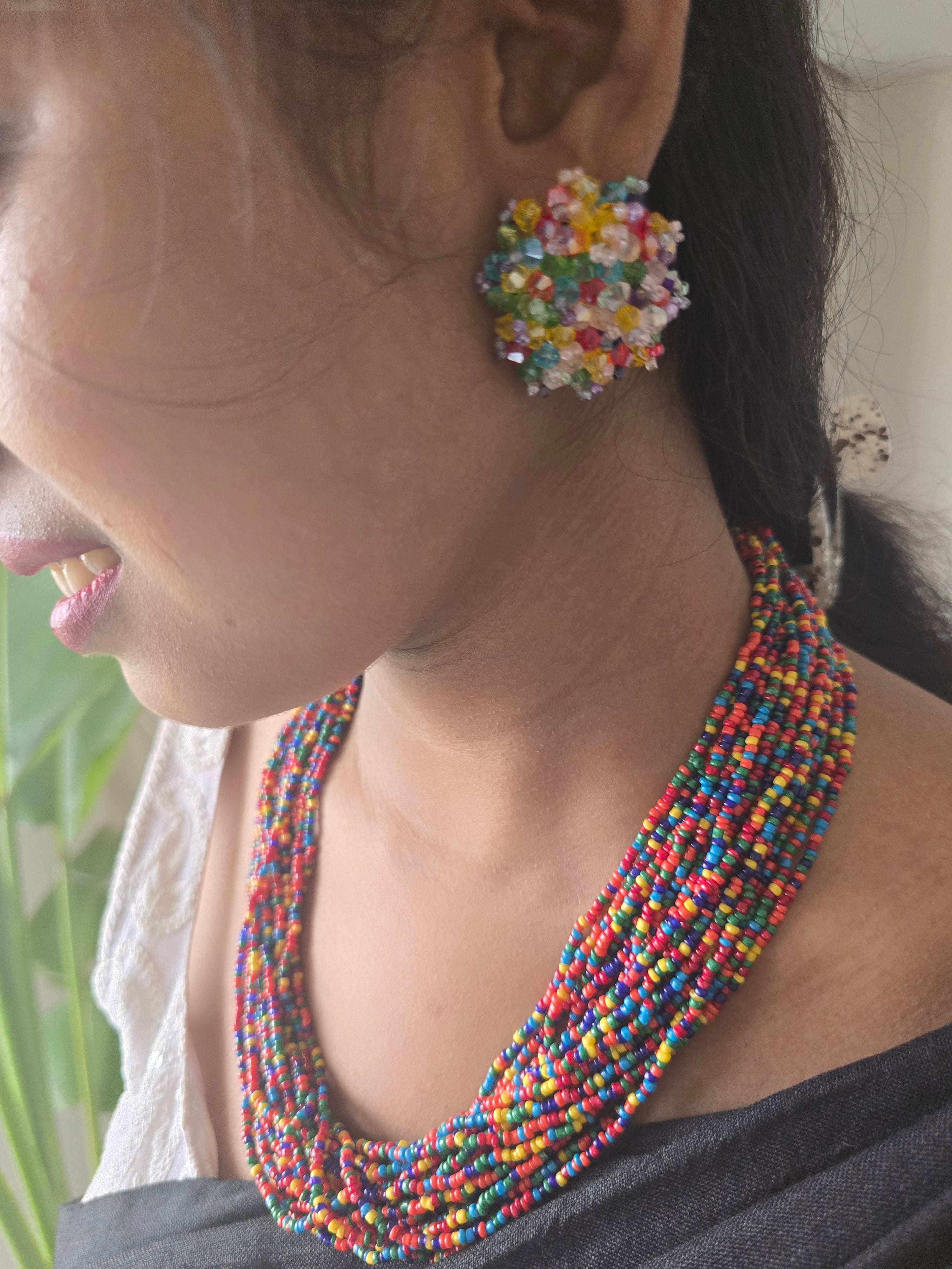 Spectrum Splendour: Handmade Multi-Layered Beaded Necklace & Earring Set (20 Layers)