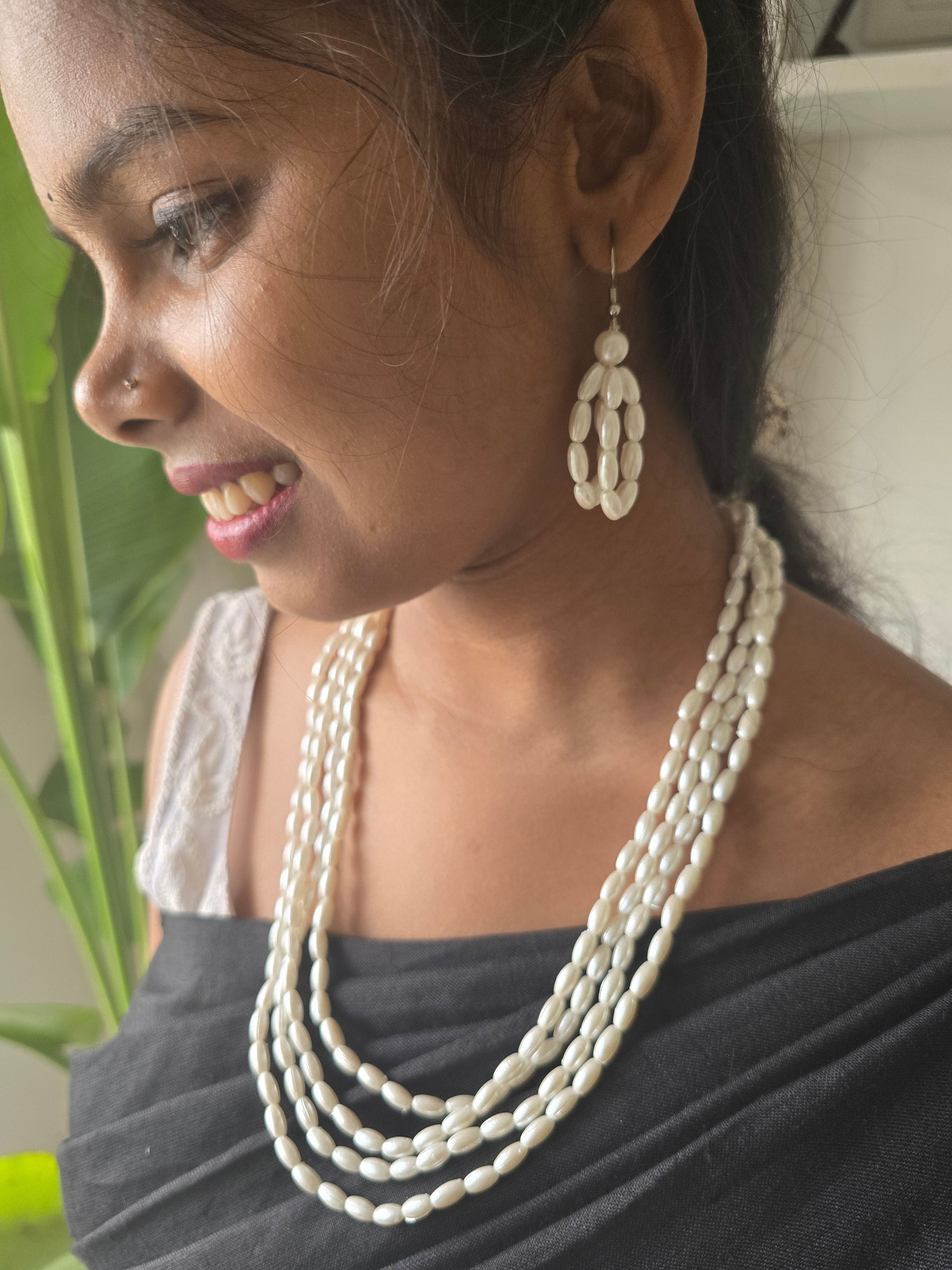 Moonlit Grace Rice Pearl Multi-Layered Necklace With Matching Earrings- Handmade (Off White)