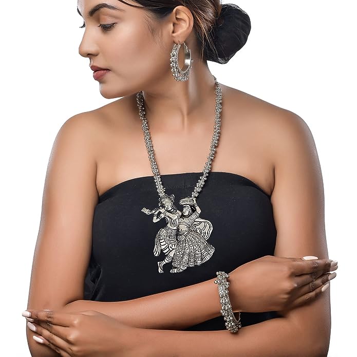 Hand Made  3 Pc Designer Oxidised Radha Krishna Chain Pendant Necklace Set With Matching Earrings and Bracelet Kada