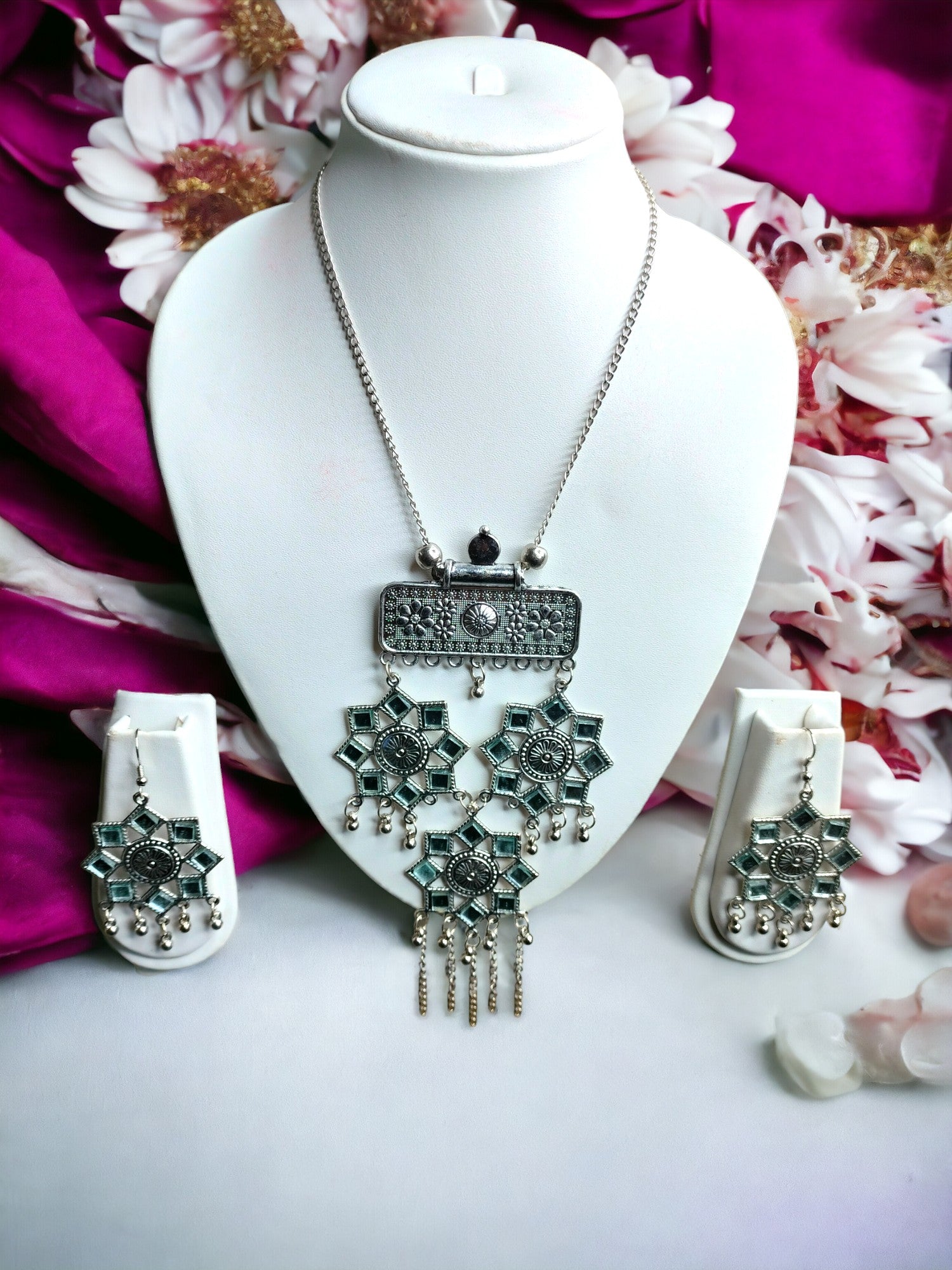 Geometric Grace Oxidized Set with Matching Earrings