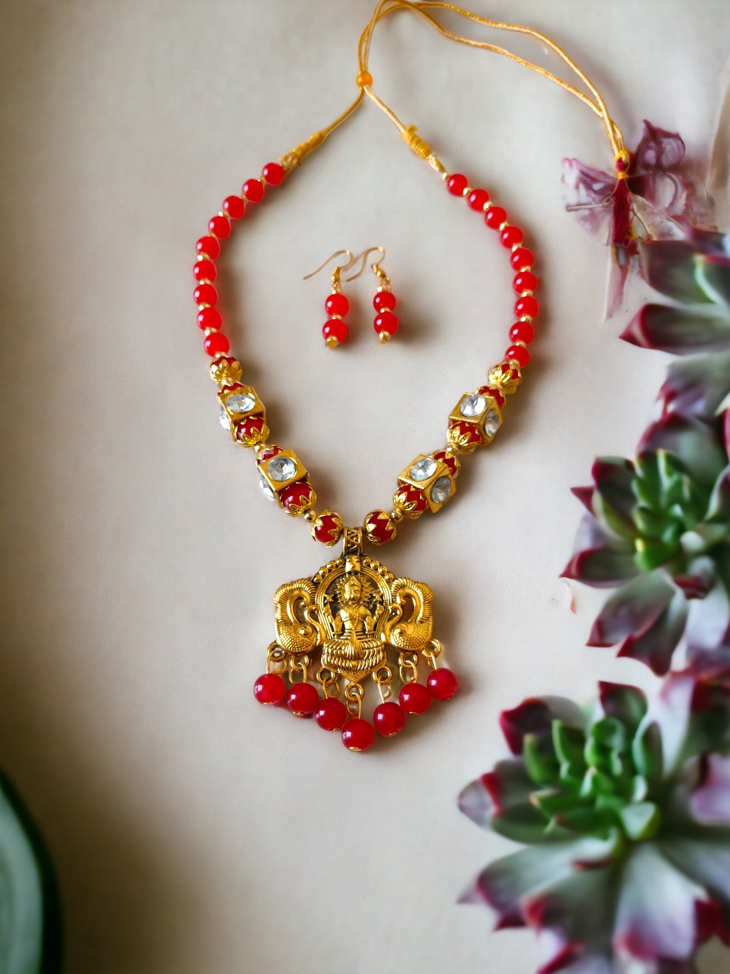 Crimson Lakshmi Majesty Handmade Necklace & Earrings Set