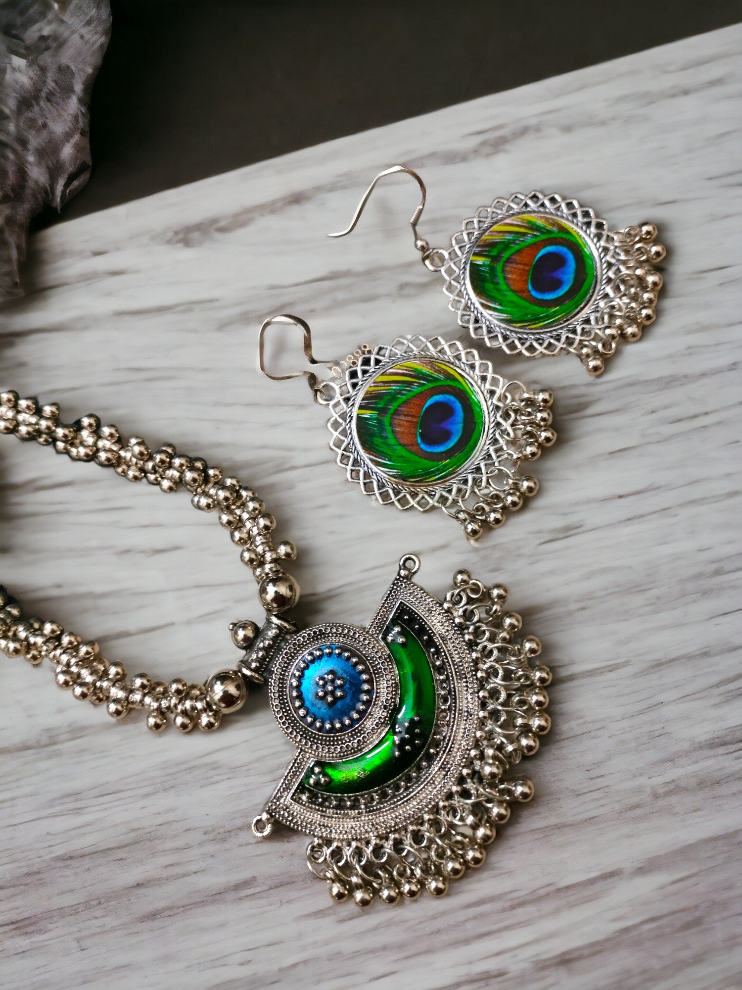 Peacock Preen Handmade Earring and Necklace Set