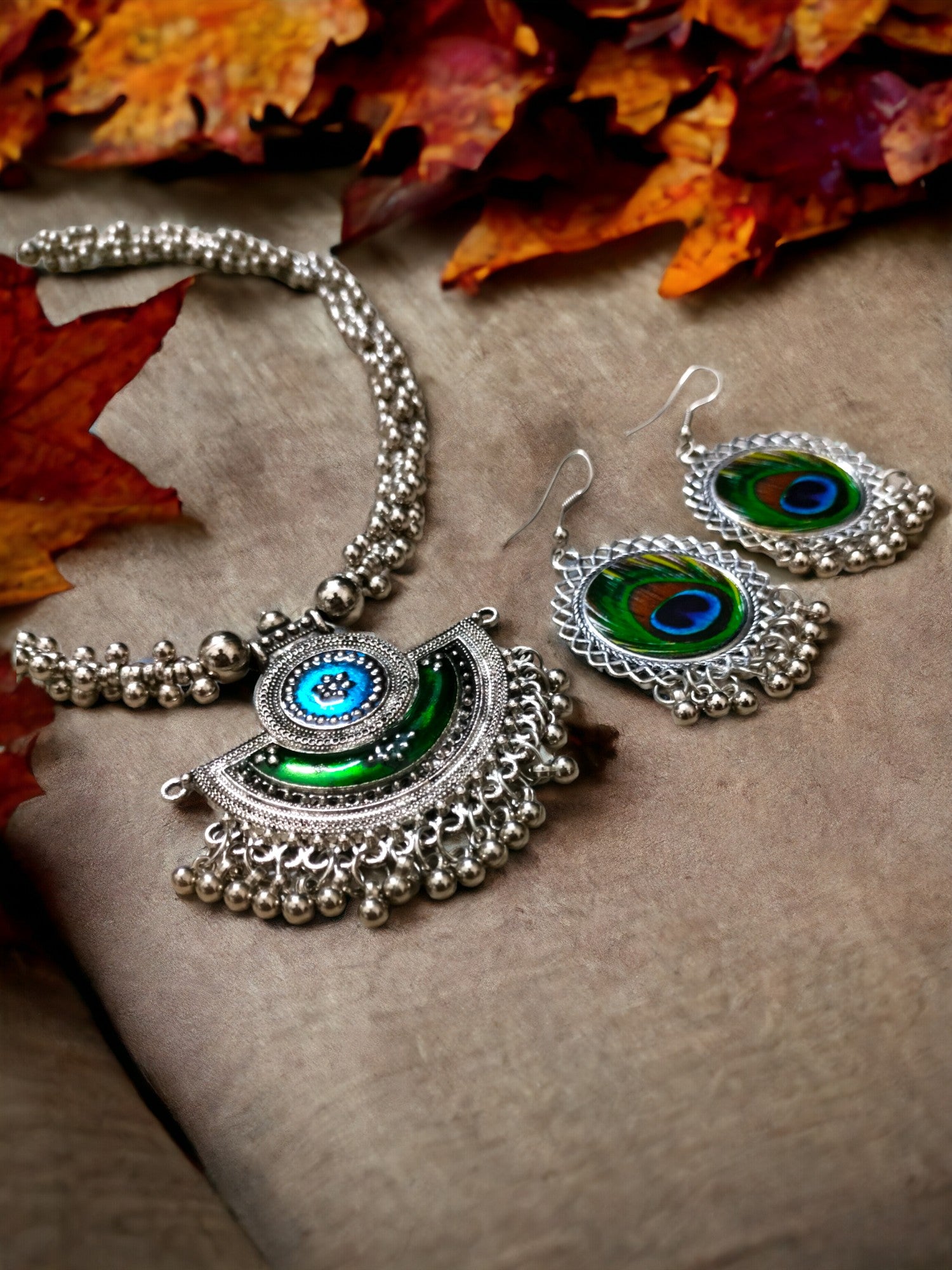 Peacock Preen Handmade Earring and Necklace Set