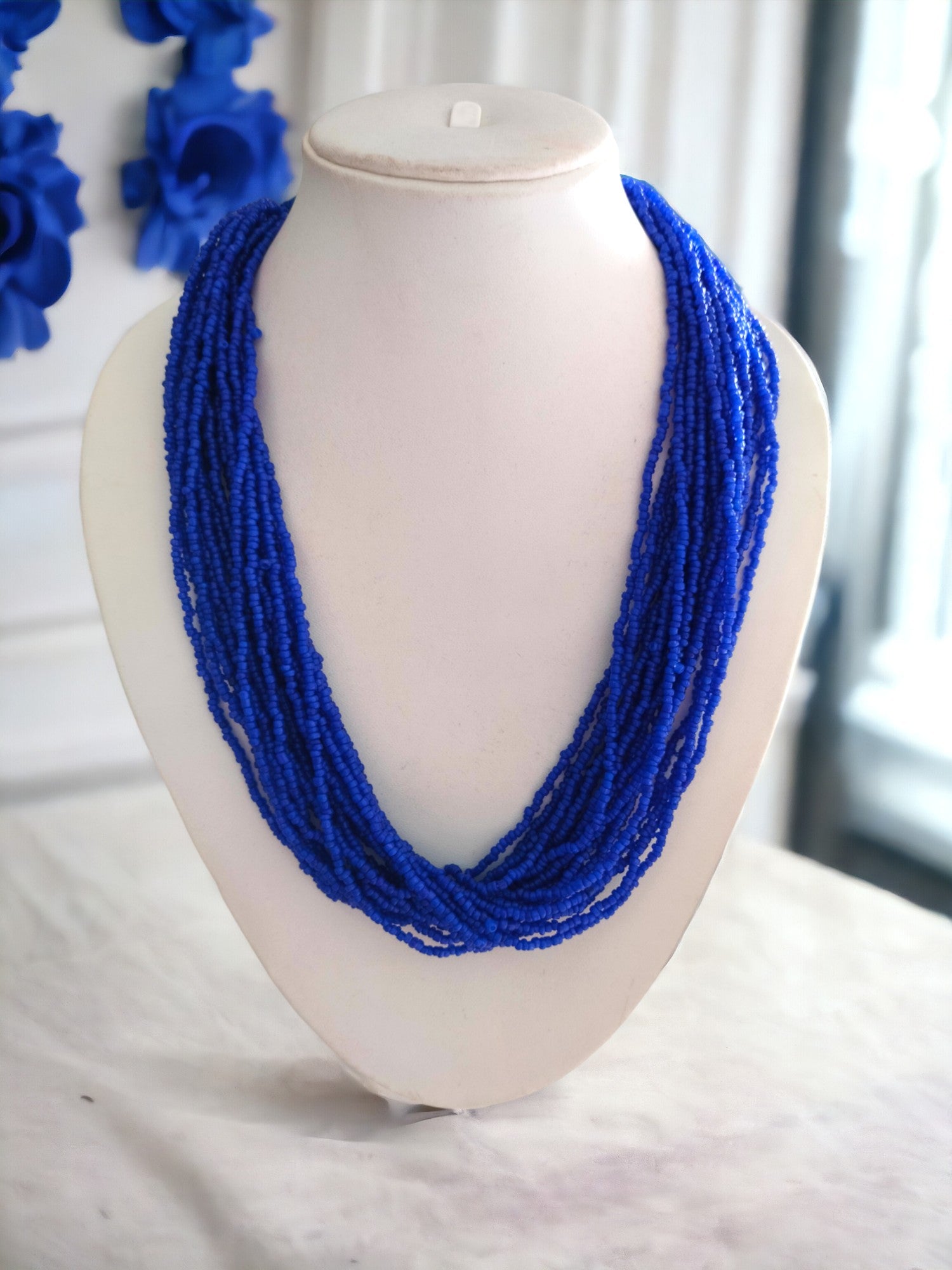 Azure Elegance: Handmade Multi-Layered Beaded Necklace (20 Layers)