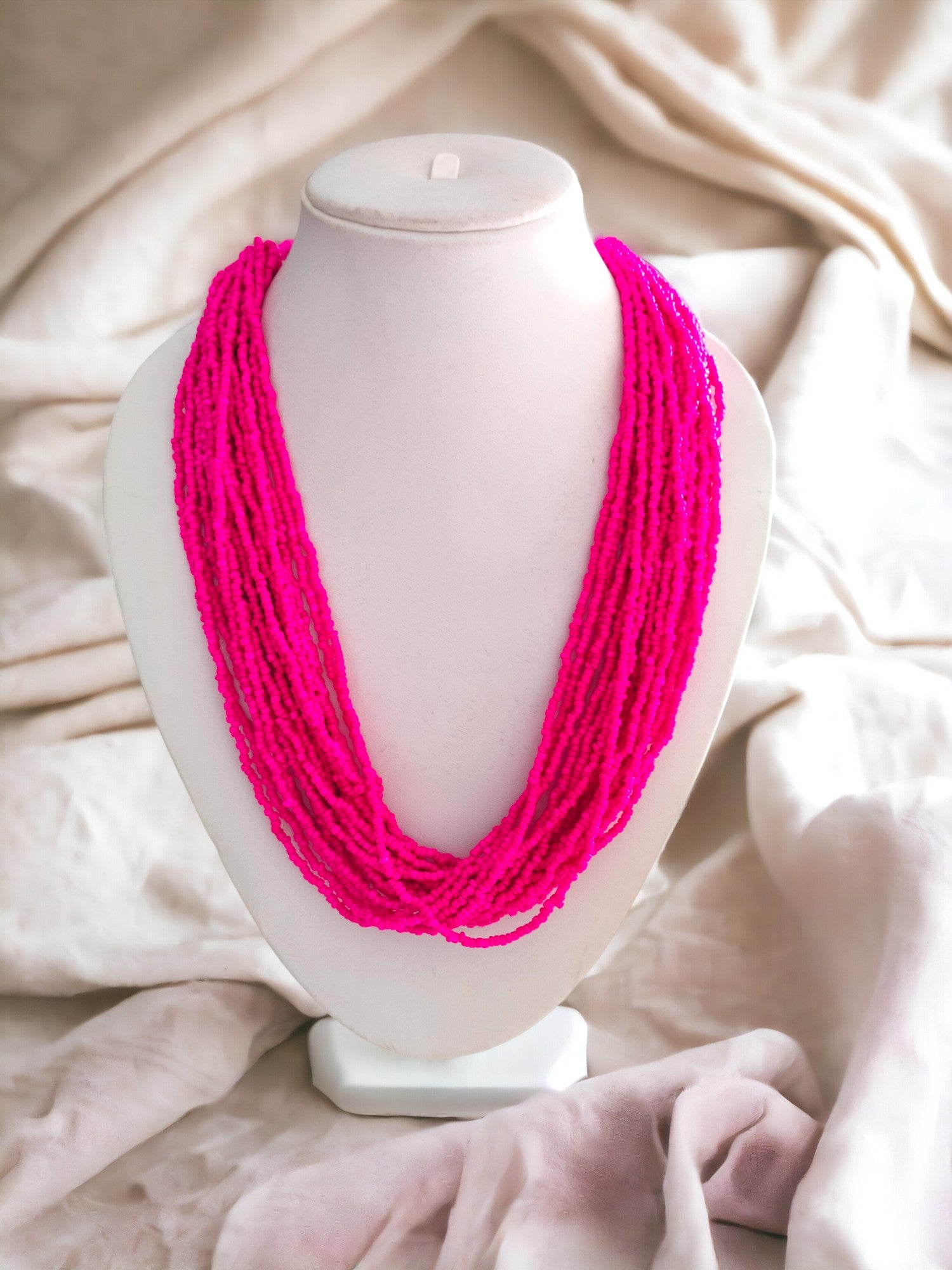 Fuchsia Flow: Handmade Multi-Layered Beaded Necklace(20 Layers)