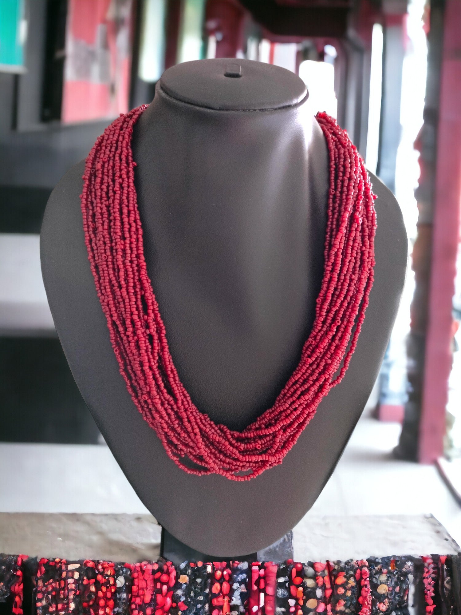 Maroon Majesty: Handmade Multi-Layered Beaded Necklace & Earrings (20 Layers)