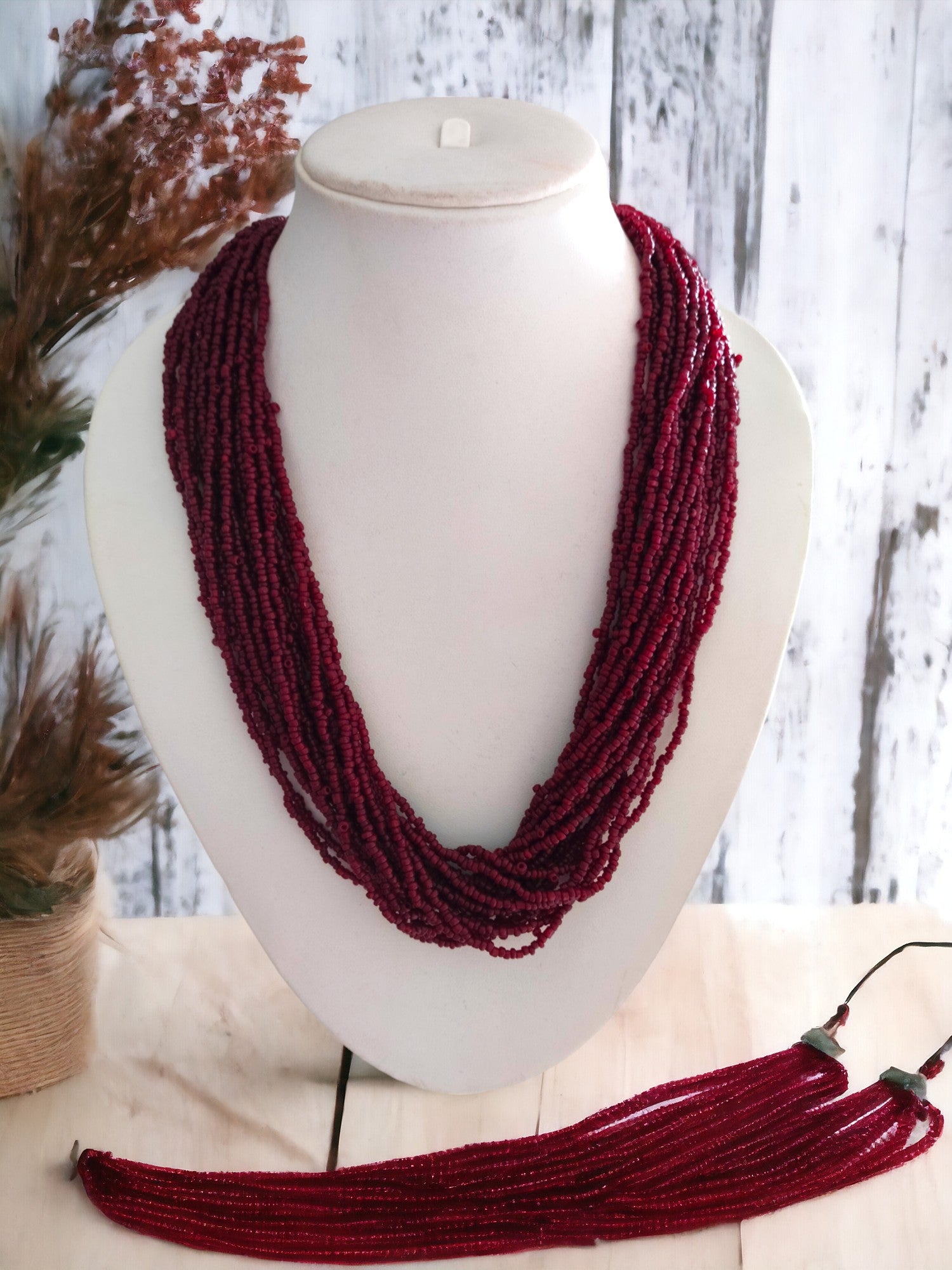 Maroon Majesty: Handmade Multi-Layered Beaded Necklace & Earrings (20 Layers)