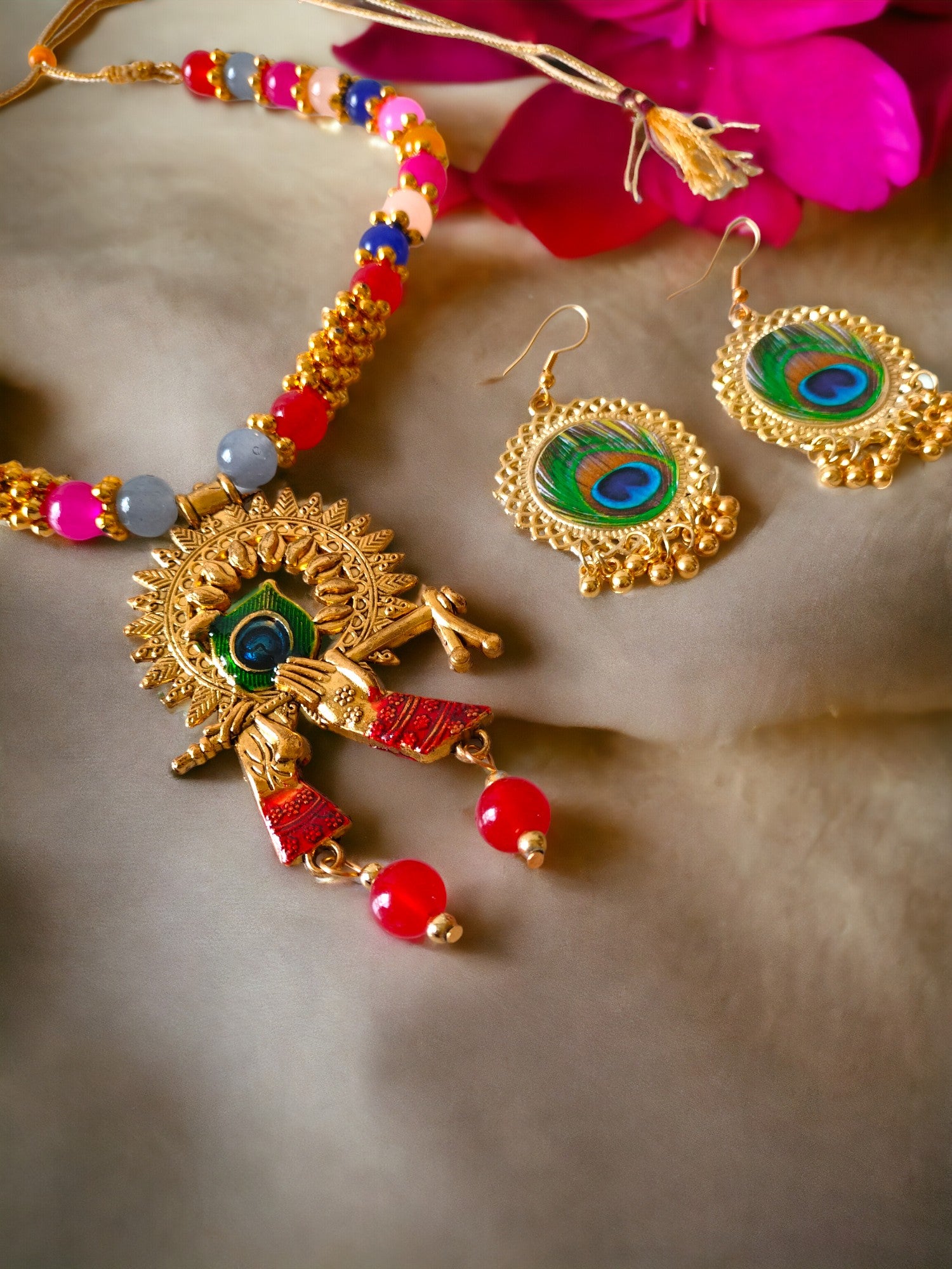 Divine Melody Multicolour Krishna Necklace Set-Handmade