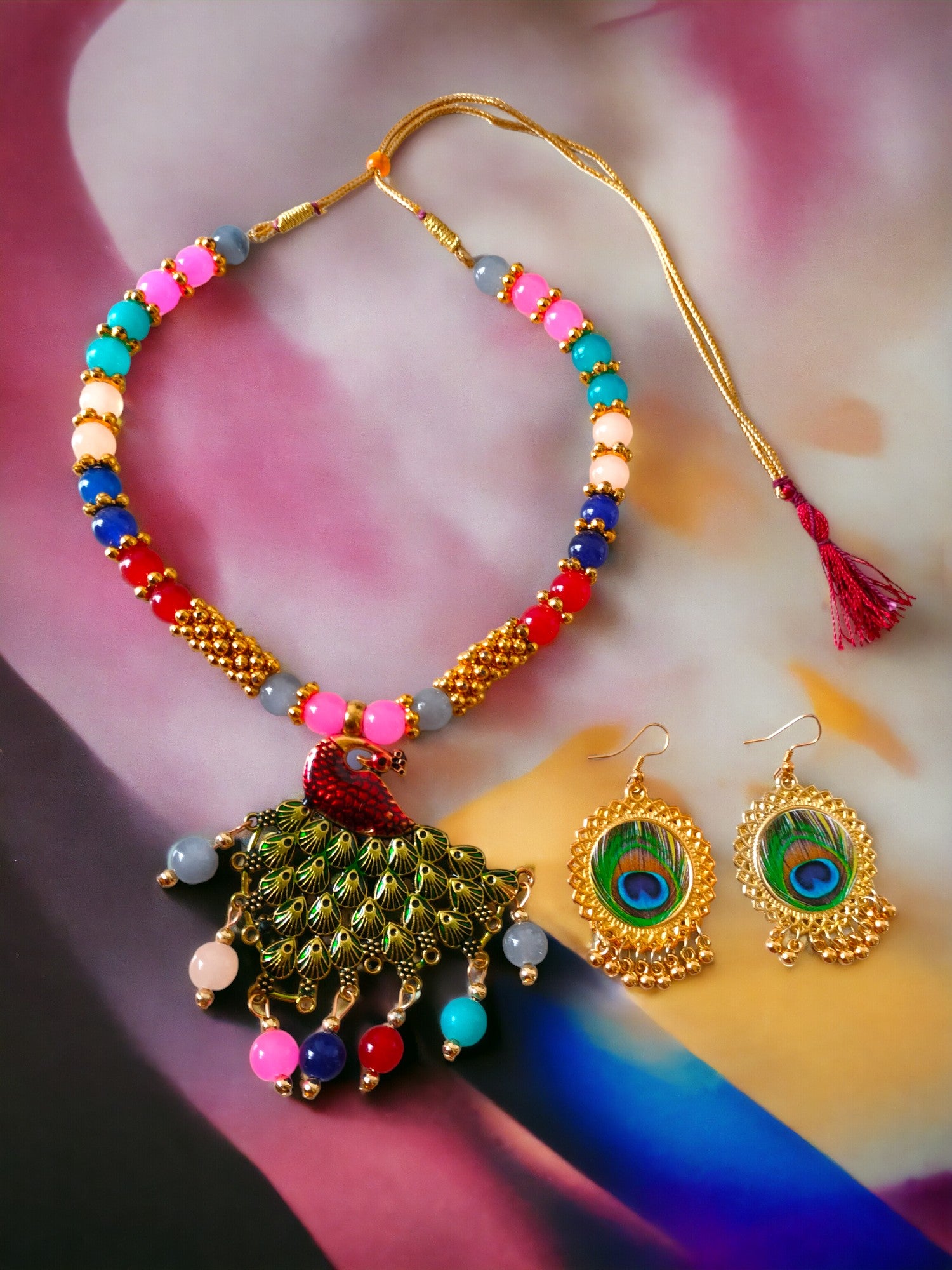 Enchanted Peacock Multicolour Necklace Set-Handmade