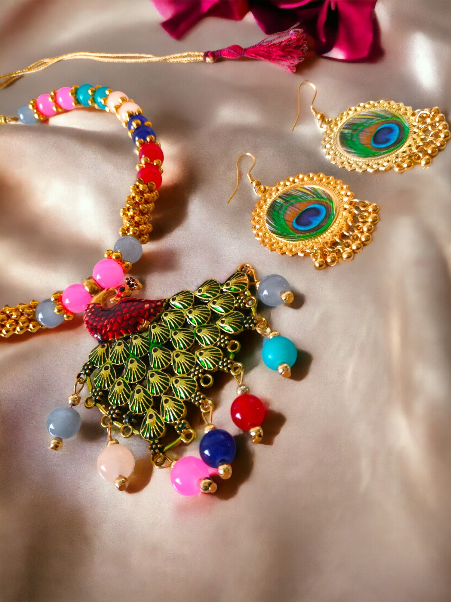 Enchanted Peacock Multicolour Necklace Set-Handmade