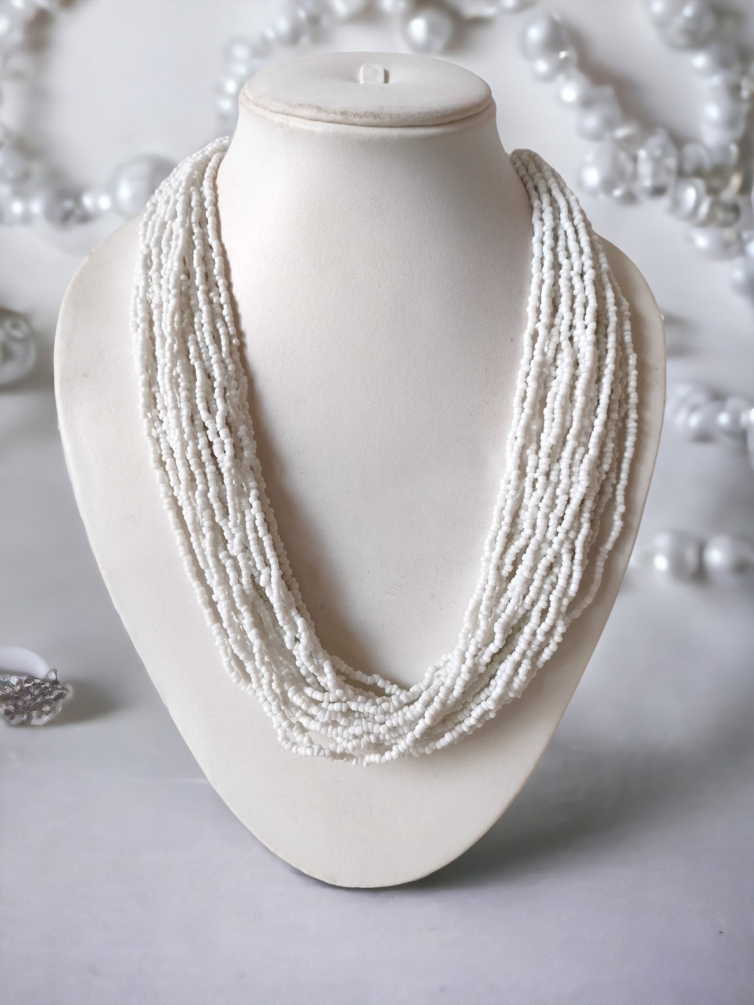 Ivory Elegance Multi-Layered Necklace With Matching Earrings-Handmade (20 Layers)