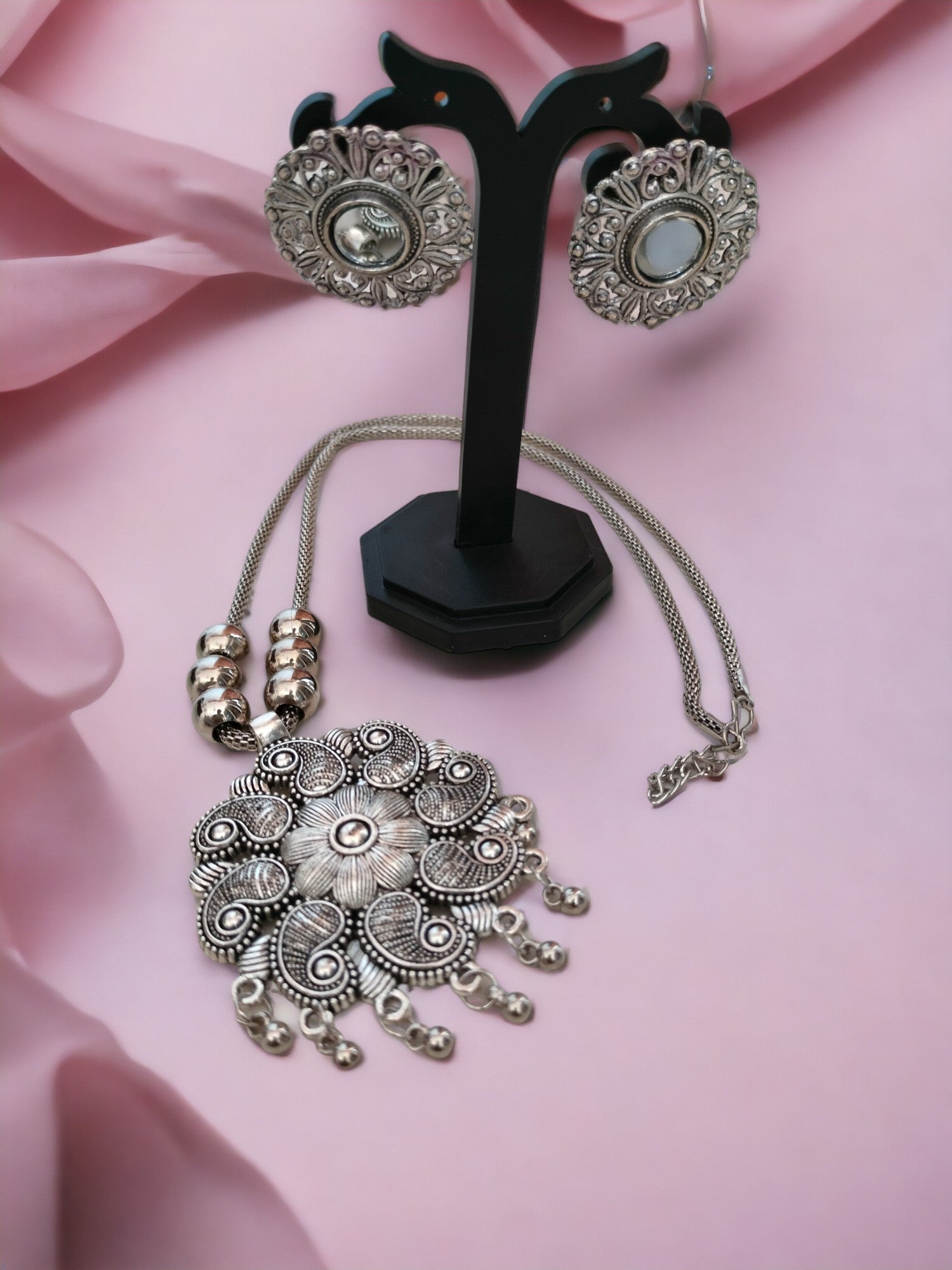 Handmade Silver Blossom Oxidized Necklace Set