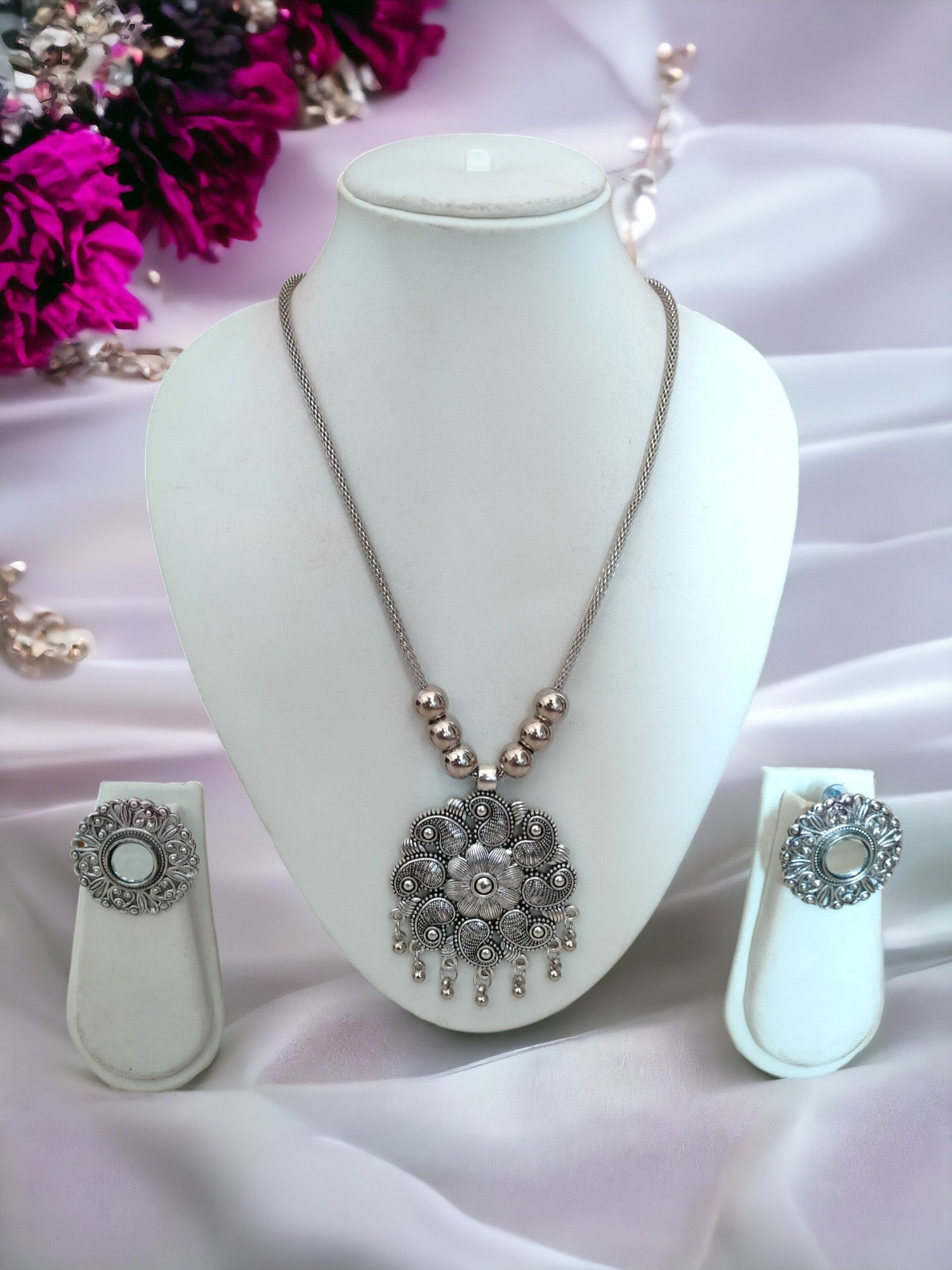 Handmade Silver Blossom Oxidized Necklace Set