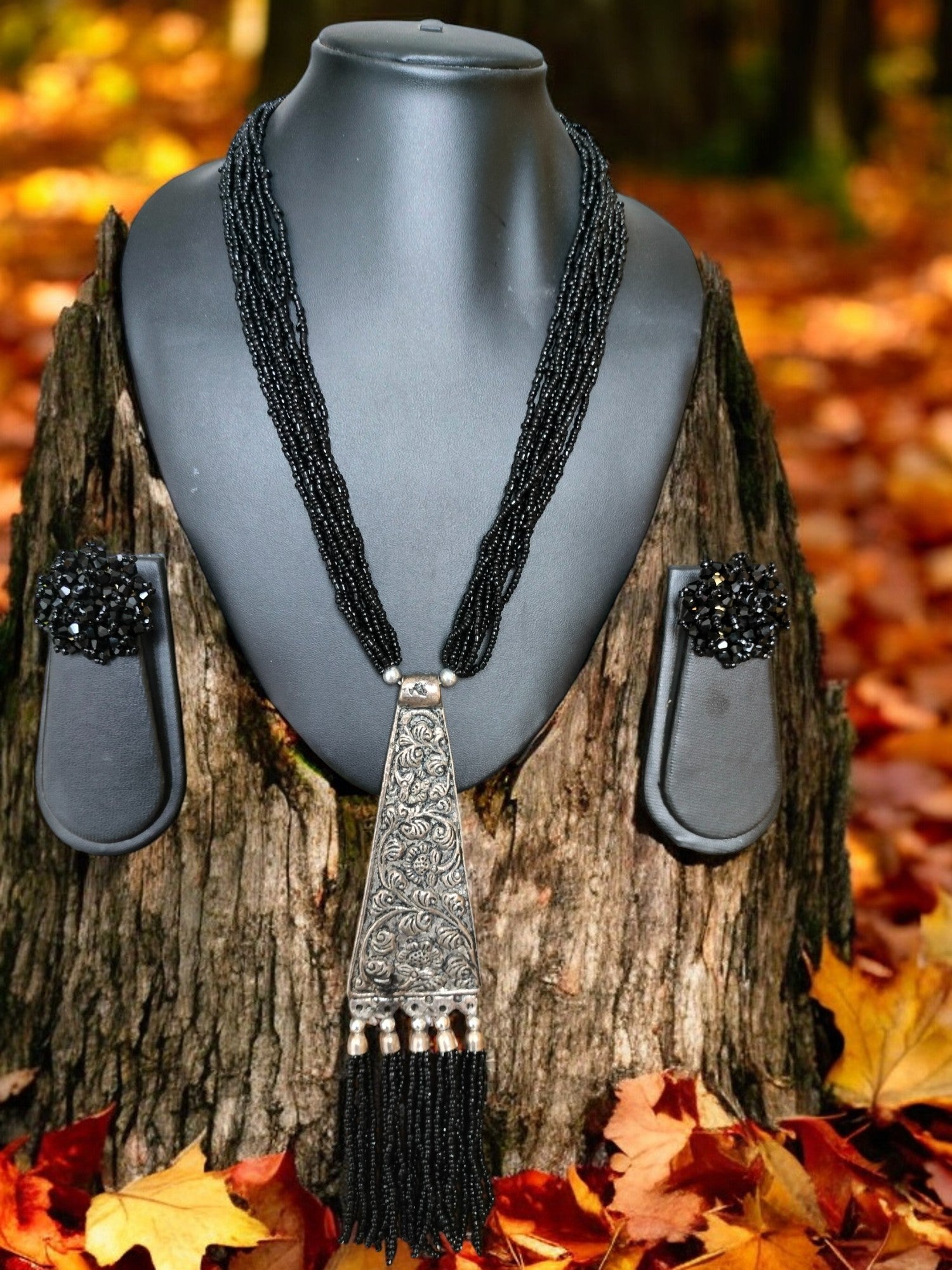 Handmade Tie Shaped Oxidized Black Metal Multi-Layered Long Necklace Set - 5 Colours Available