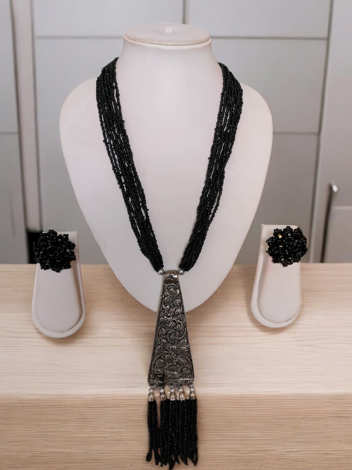 Handmade Tie Shaped Oxidized Black Metal Multi-Layered Long Necklace Set - 5 Colours Available