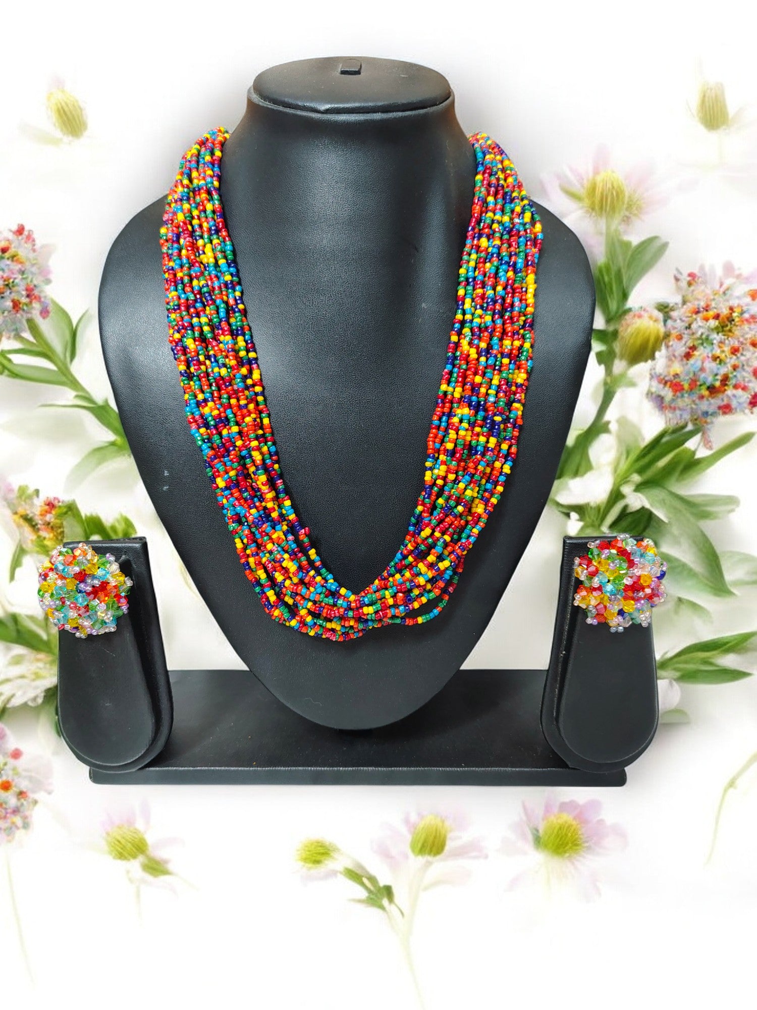 Spectrum Splendour: Handmade Multi-Layered Beaded Necklace & Earring Set (20 Layers)