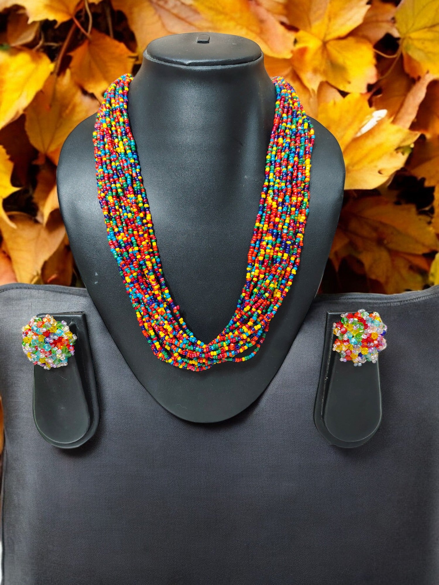 Spectrum Splendour: Handmade Multi-Layered Beaded Necklace & Earring Set (20 Layers)