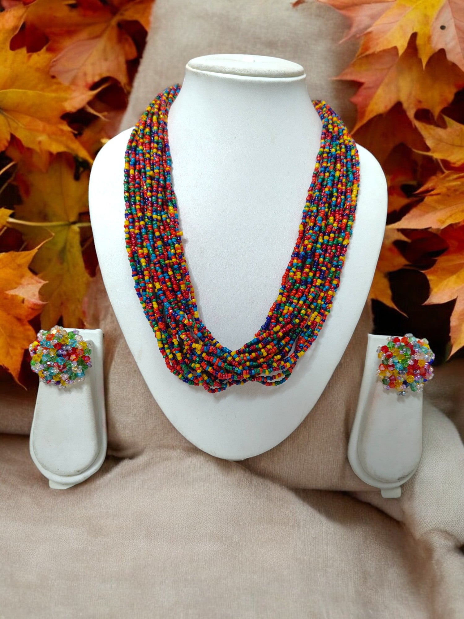 Spectrum Splendour: Handmade Multi-Layered Beaded Necklace & Earring Set (20 Layers)