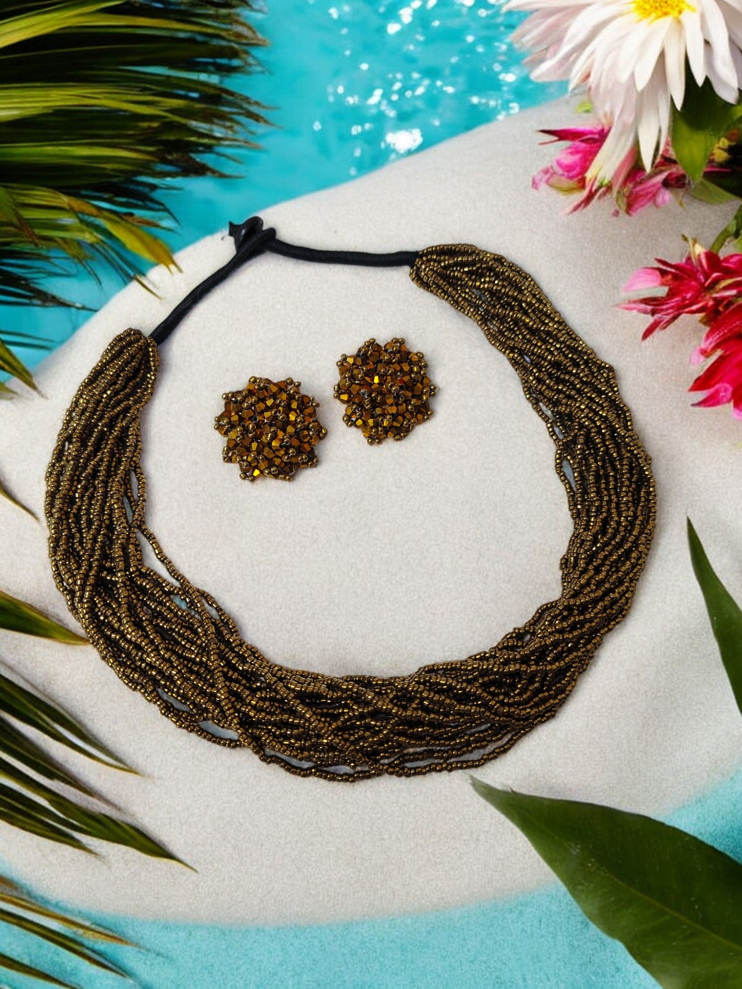 Golden Harvest: Handmade Multi-Layered Beaded Necklace & Earrings (20 Layers)