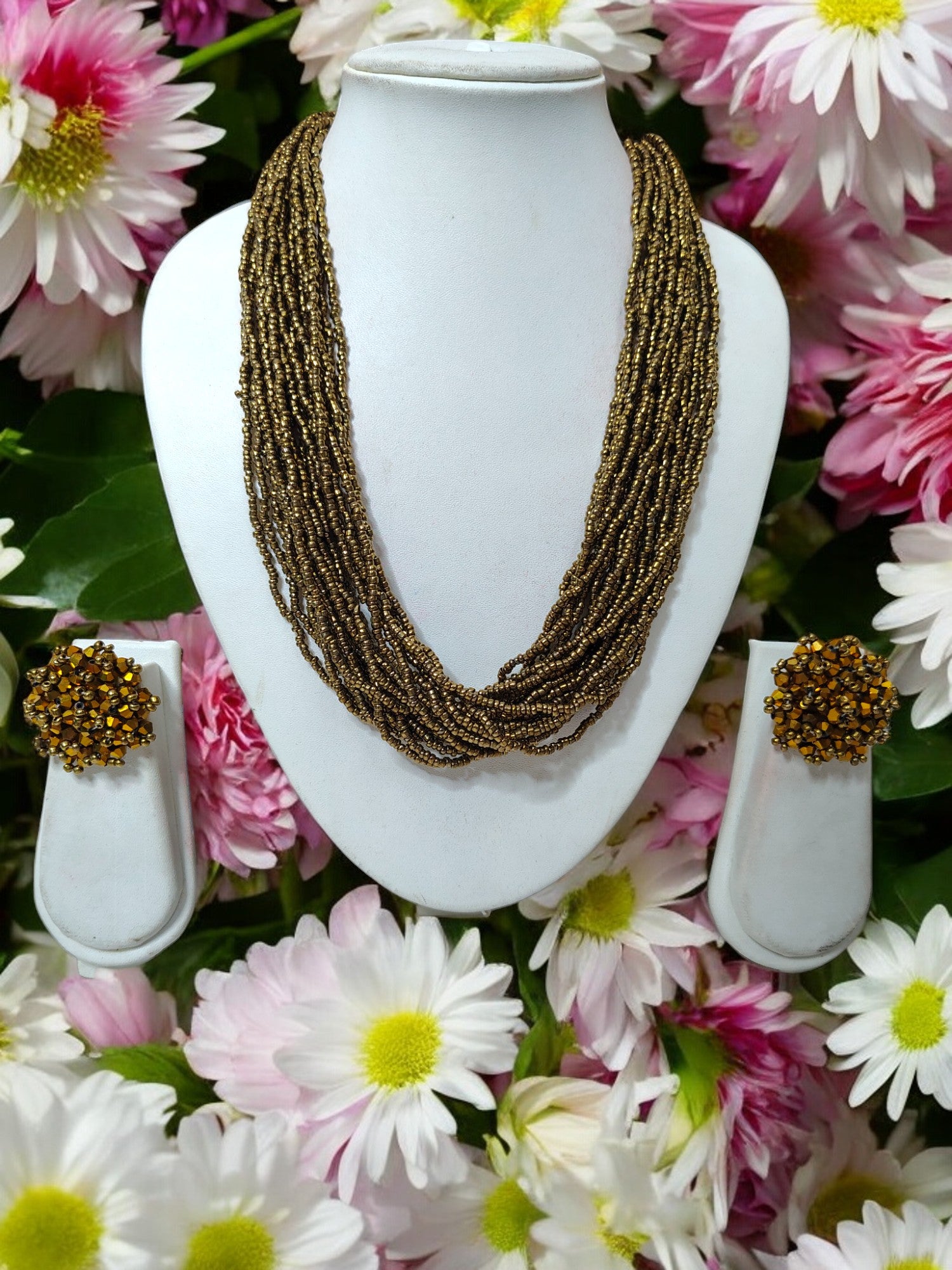 Golden Harvest: Handmade Multi-Layered Beaded Necklace & Earrings (20 Layers)