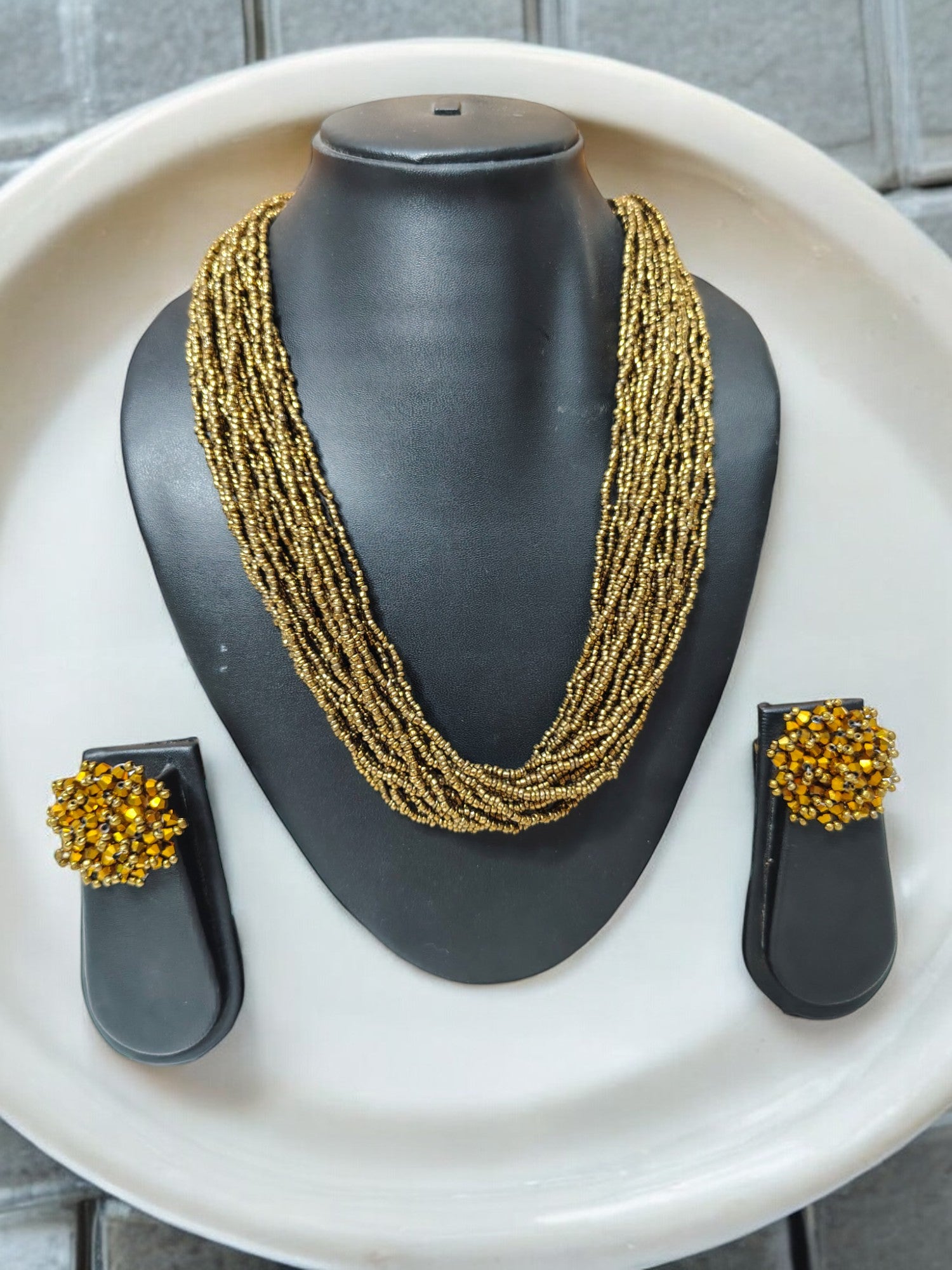 Golden Harvest: Handmade Multi-Layered Beaded Necklace & Earrings (20 Layers)