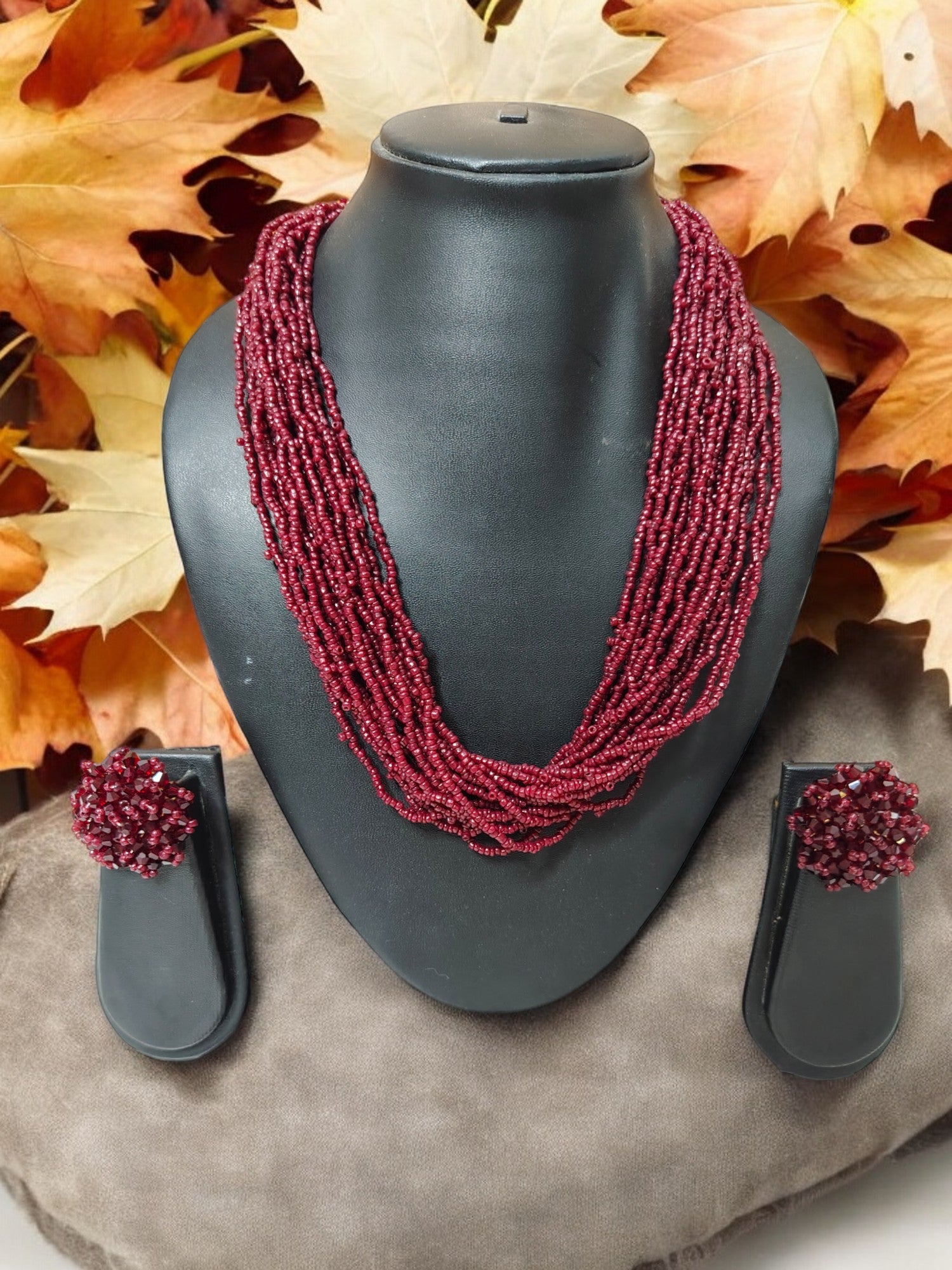 Maroon Majesty: Handmade Multi-Layered Beaded Necklace & Earrings (20 Layers)