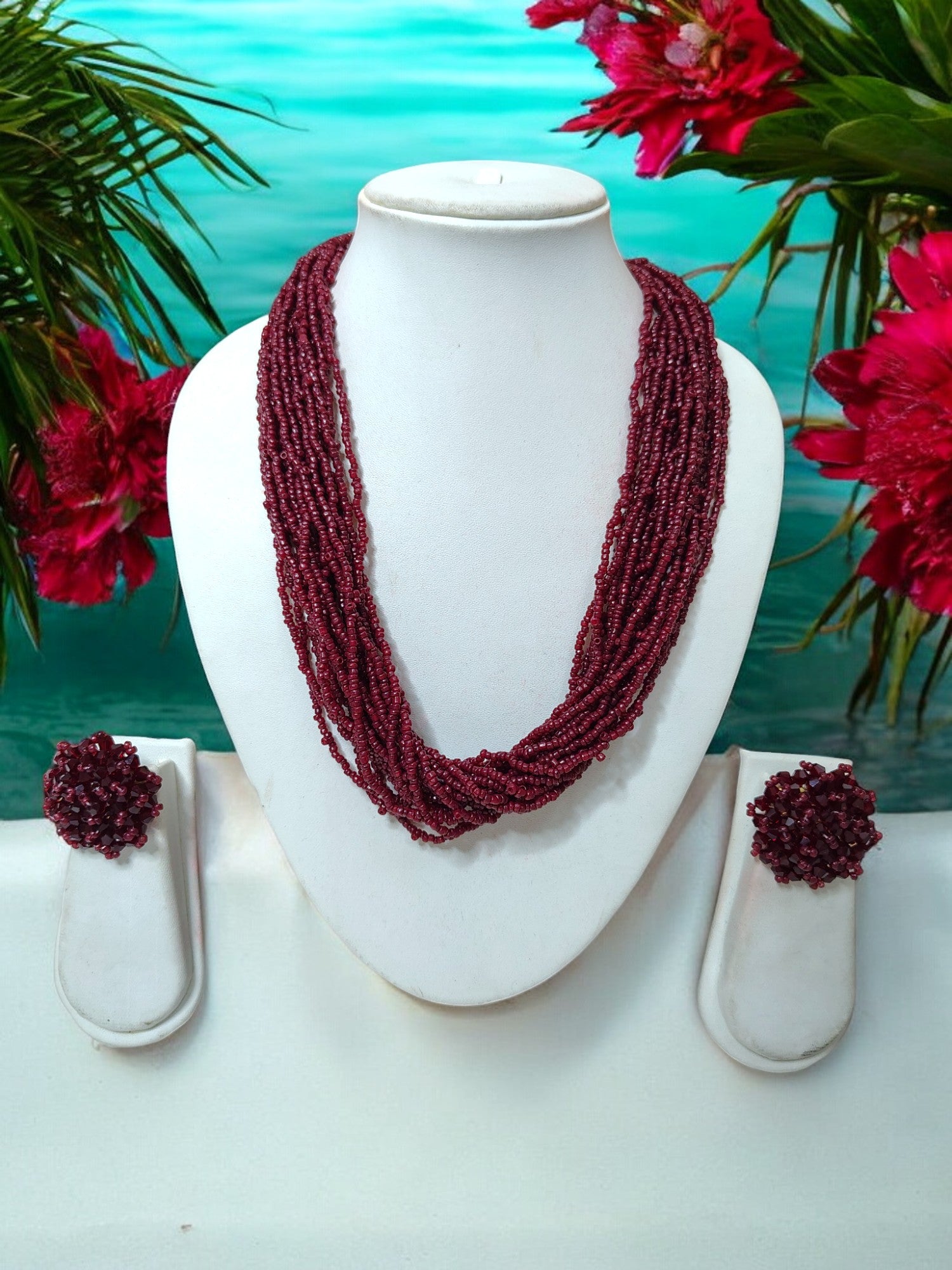 Maroon Majesty: Handmade Multi-Layered Beaded Necklace & Earrings (20 Layers)