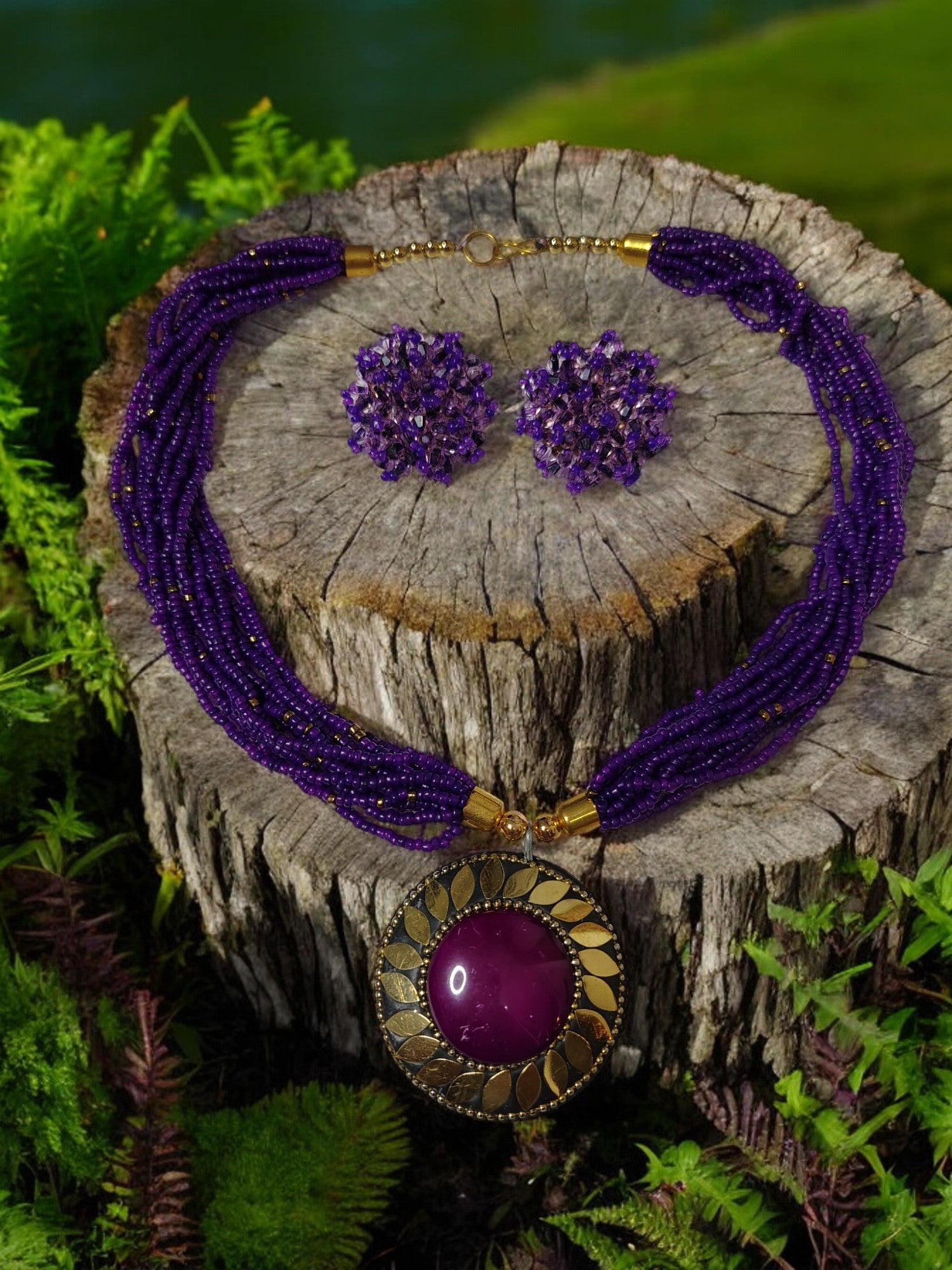 Handmade Multilayered Pendant Beaded Necklace Set With Matching Earrings - 12 Colours Available