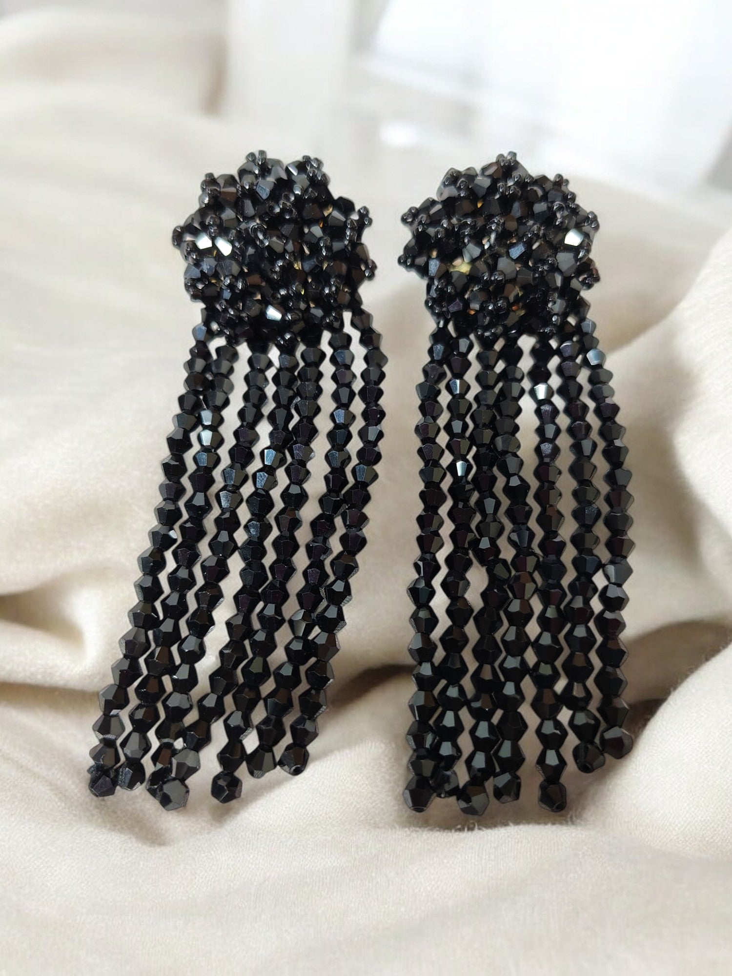 Midnight Noir Beaded Tassel Statement Earrings