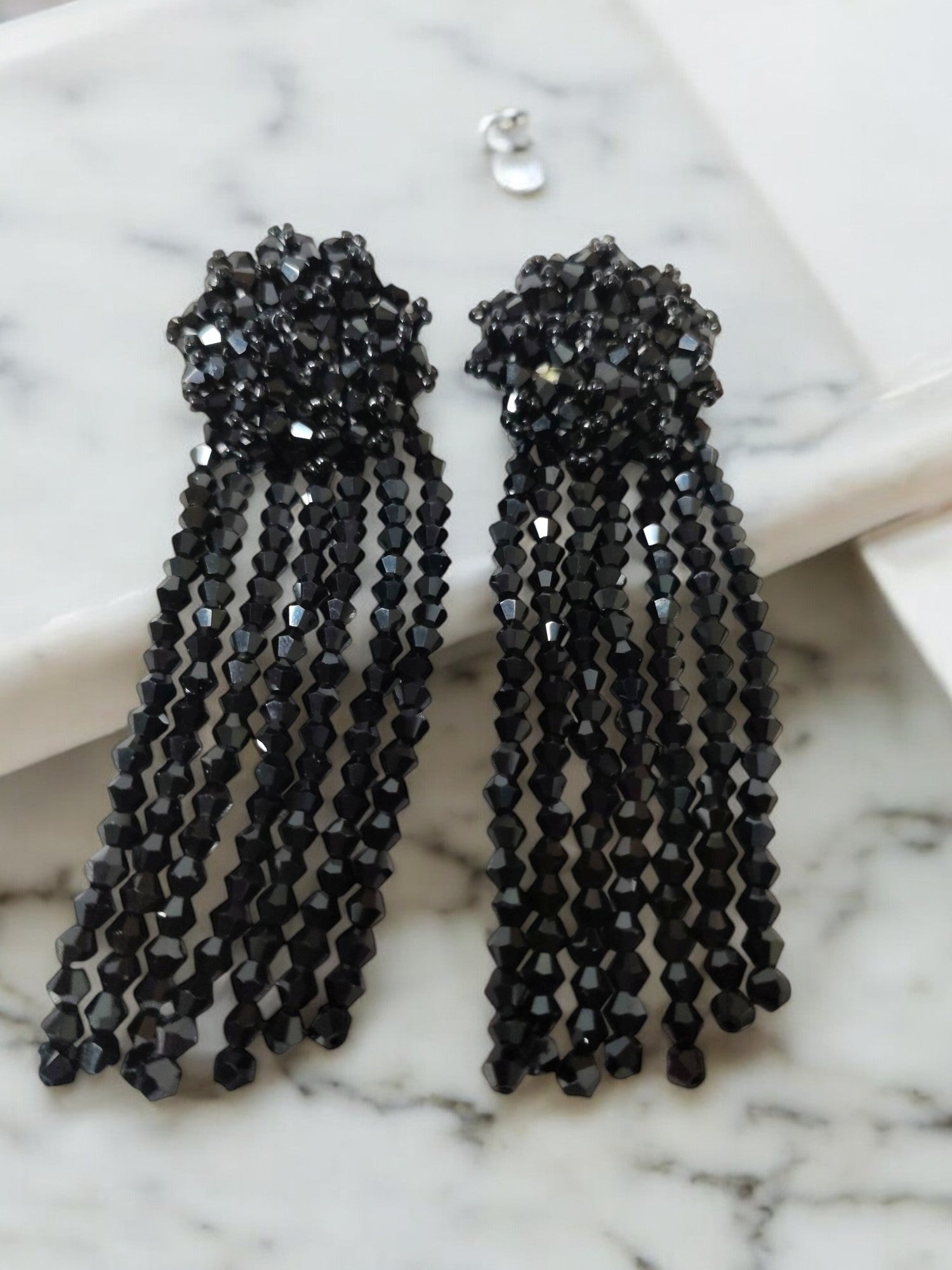 Midnight Noir Beaded Tassel Statement Earrings