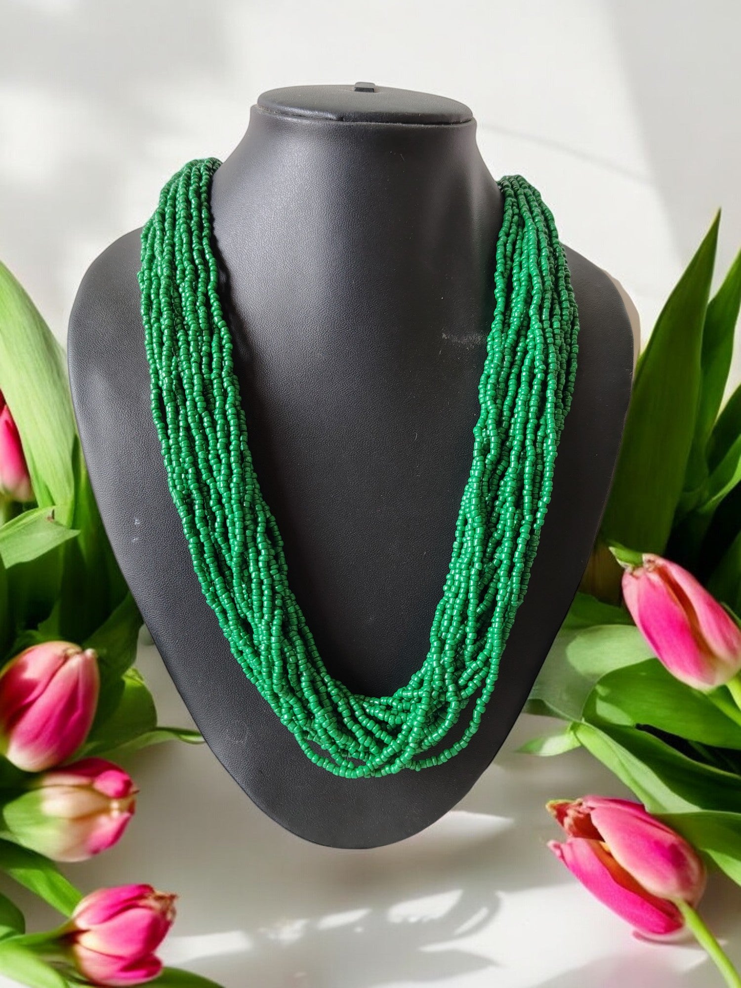 Emerald Cascade Multi-Layered Handmade Necklace With Matching Earrings-20 Layers