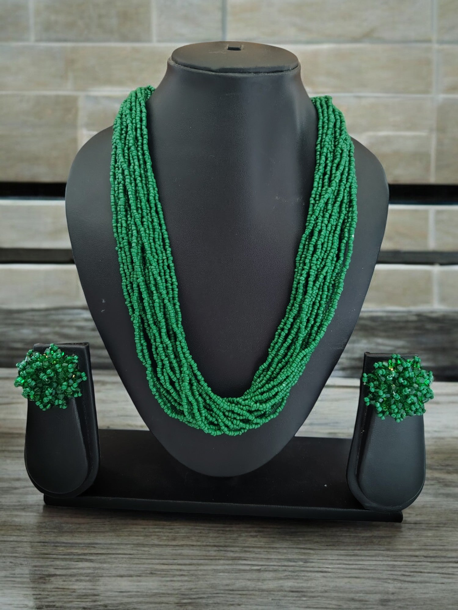 Emerald Cascade Multi-Layered Handmade Necklace With Matching Earrings-20 Layers