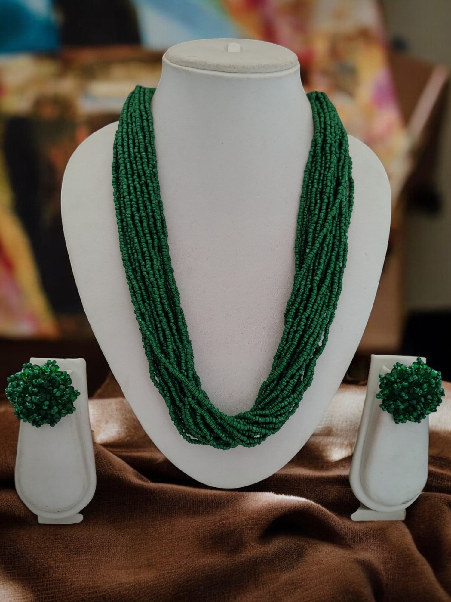 Emerald Cascade Multi-Layered Handmade Necklace With Matching Earrings-20 Layers