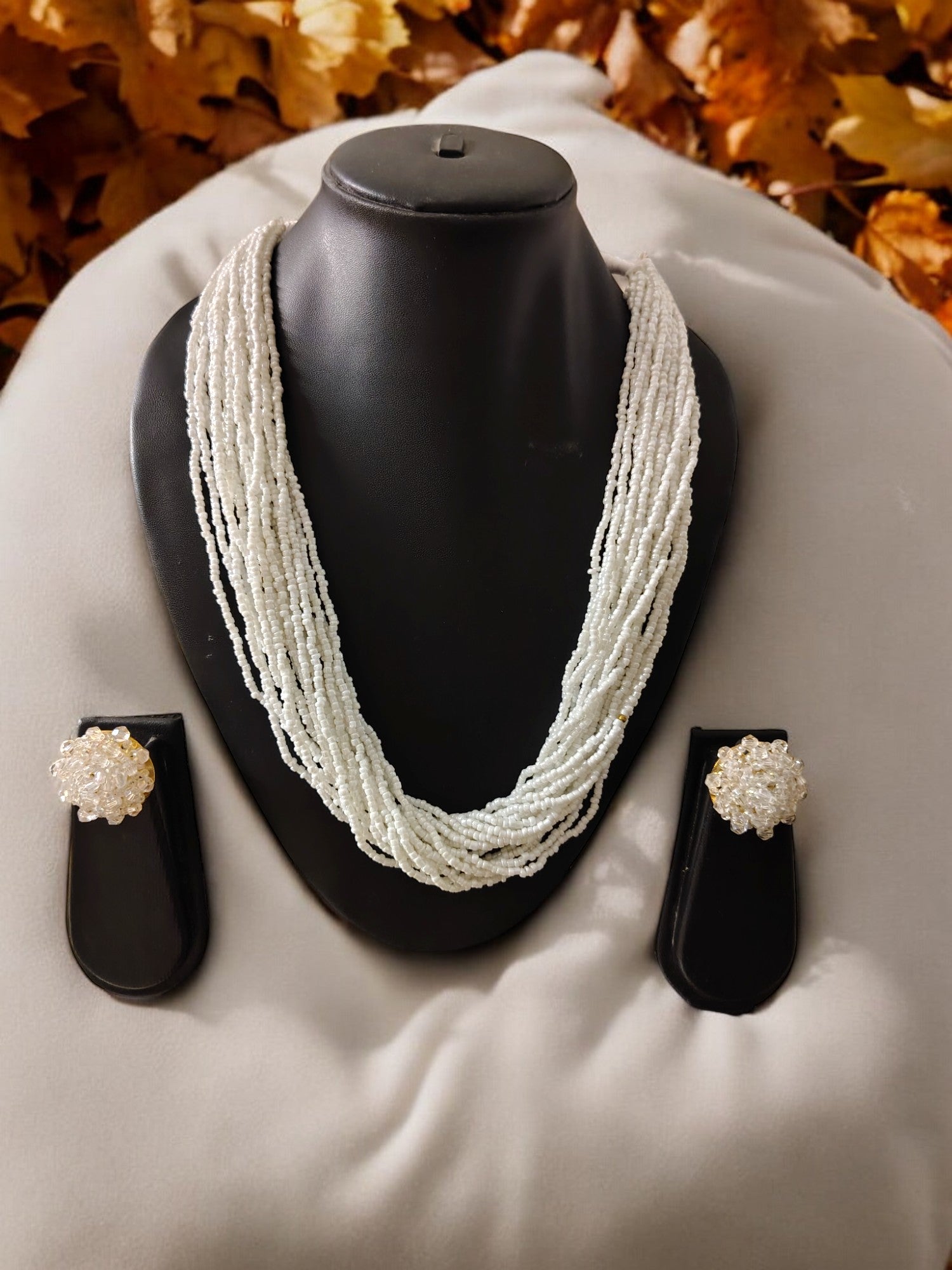 Ivory Elegance Multi-Layered Necklace With Matching Earrings-Handmade (20 Layers)