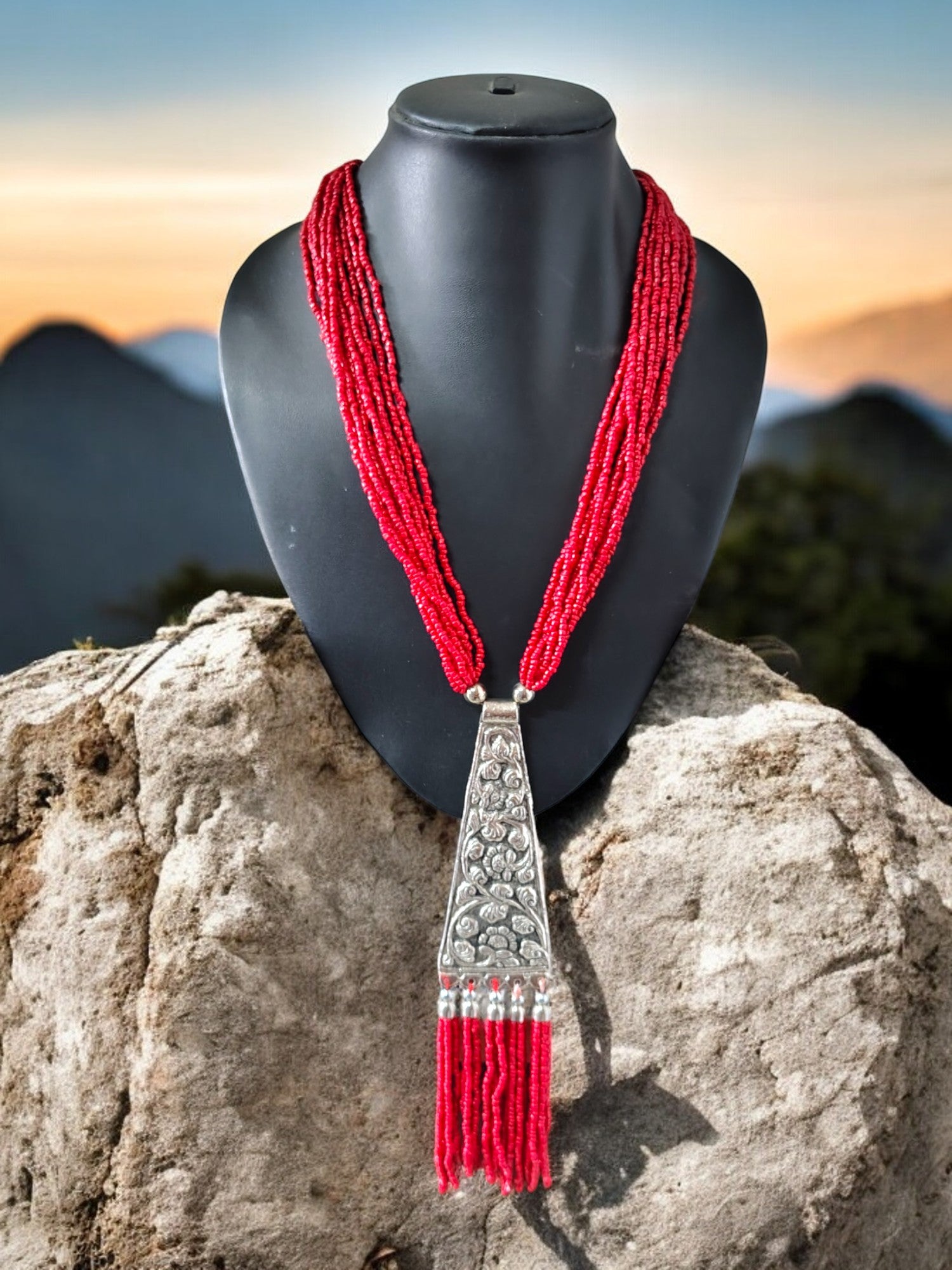 Handmade Tie Shaped Oxidized Black Metal Multi-Layered Long Necklace Set - 5 Colours Available