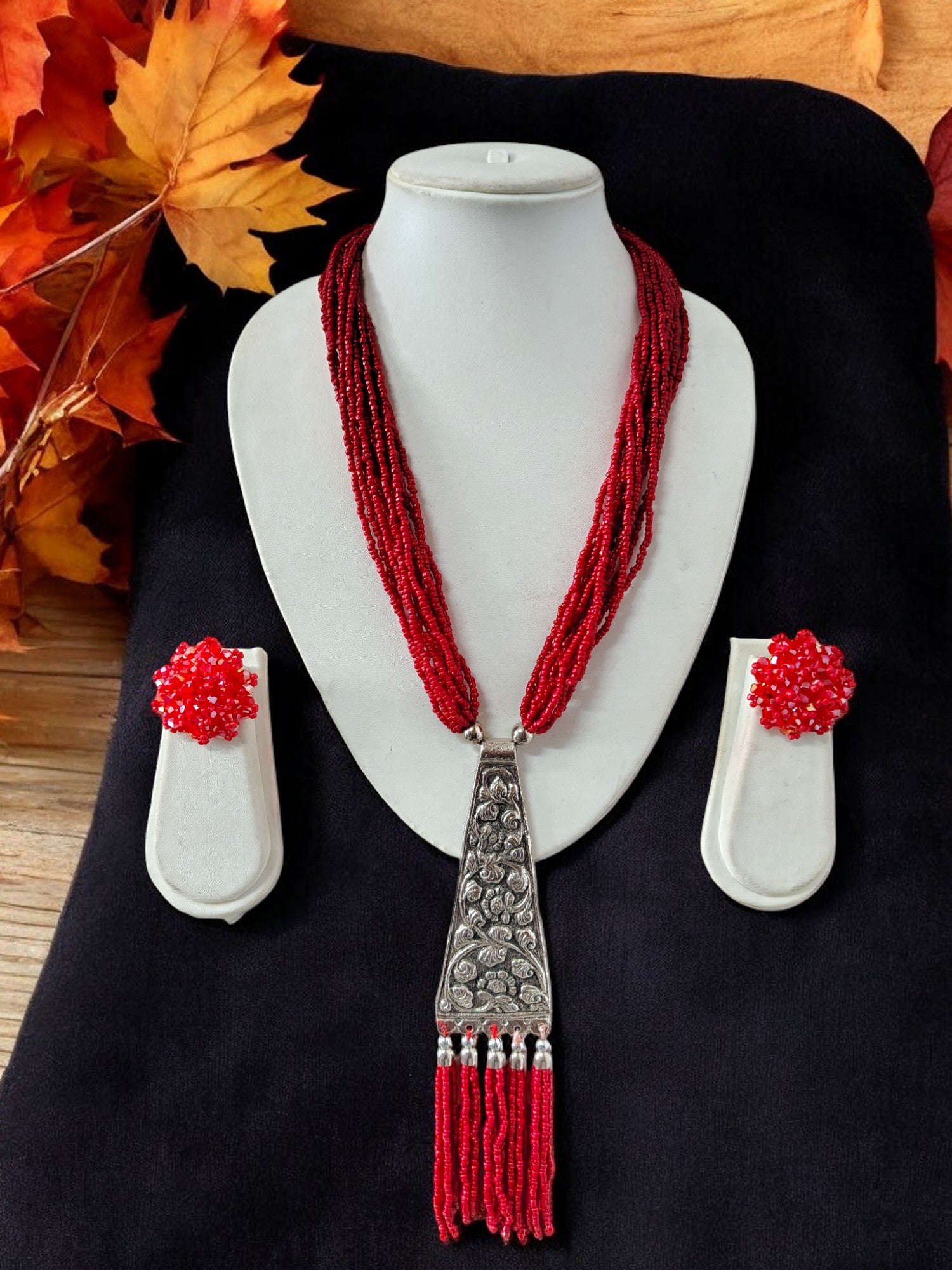 Handmade Tie Shaped Oxidized Black Metal Multi-Layered Long Necklace Set - 5 Colours Available