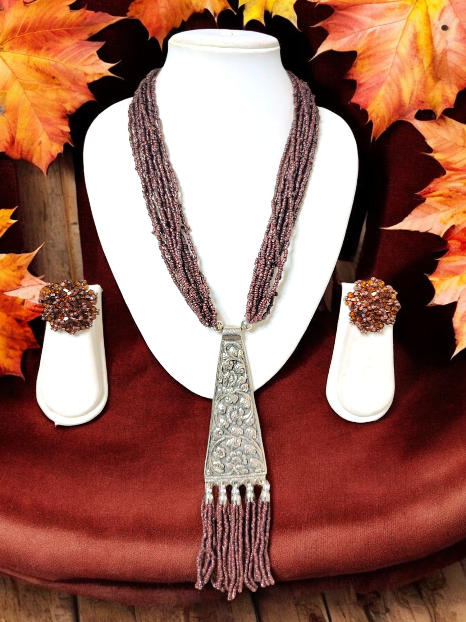 Handmade Tie Shaped Oxidized Black Metal Multi-Layered Long Necklace Set - 5 Colours Available