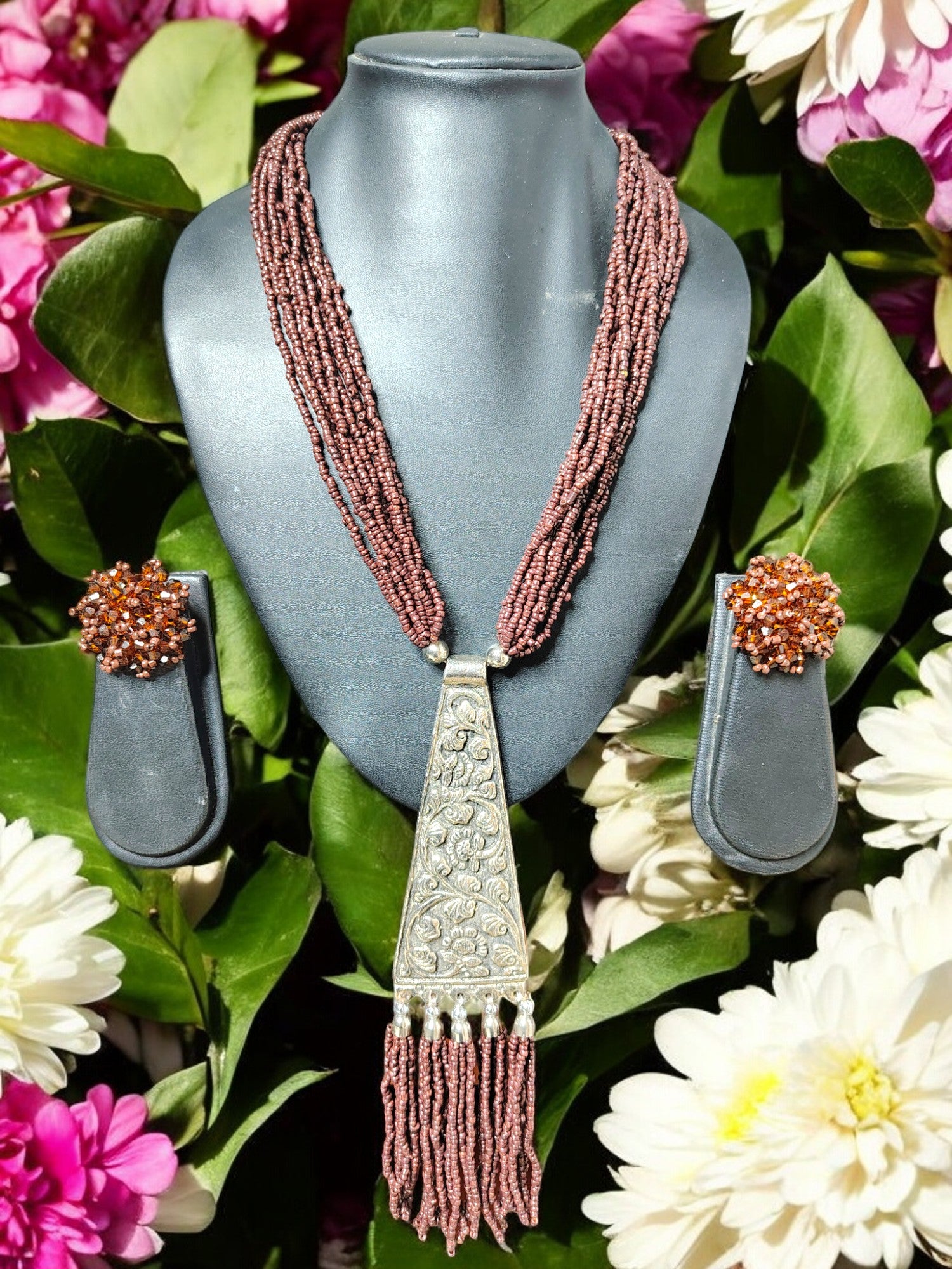 Handmade Tie Shaped Oxidized Black Metal Multi-Layered Long Necklace Set - 5 Colours Available