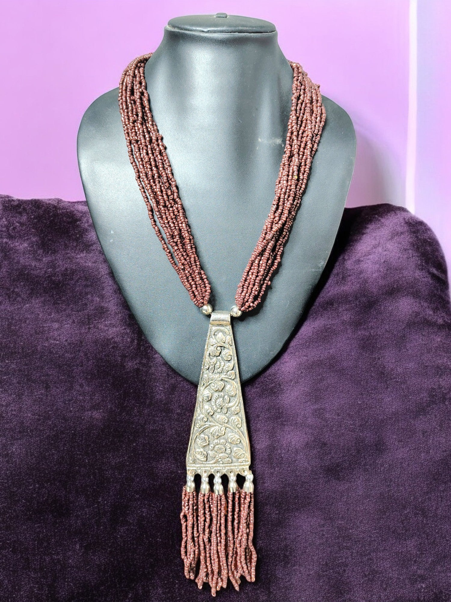 Handmade Tie Shaped Oxidized Black Metal Multi-Layered Long Necklace Set - 5 Colours Available