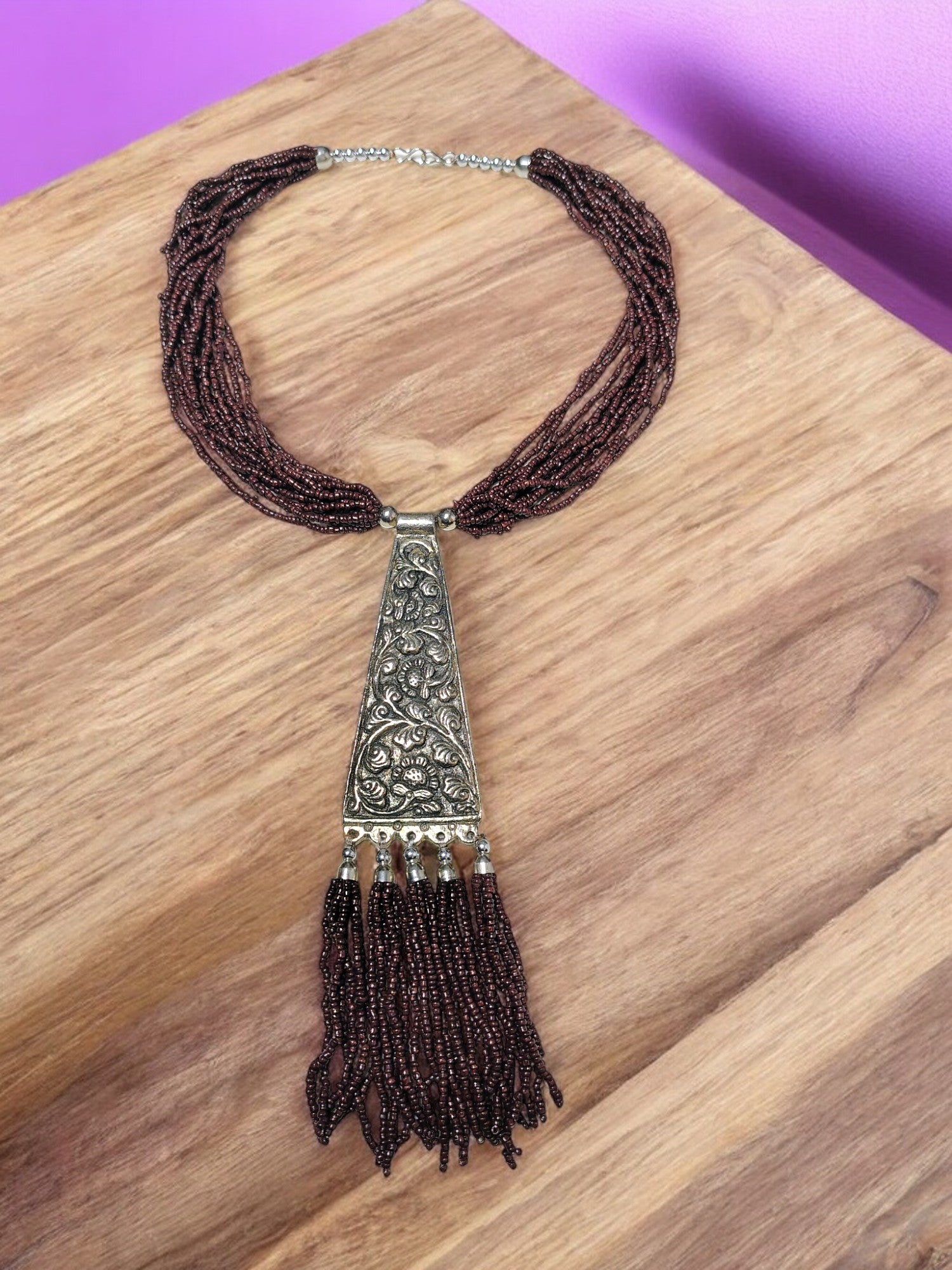 Handmade Tie Shaped Oxidized Black Metal Multi-Layered Long Necklace Set - 5 Colours Available