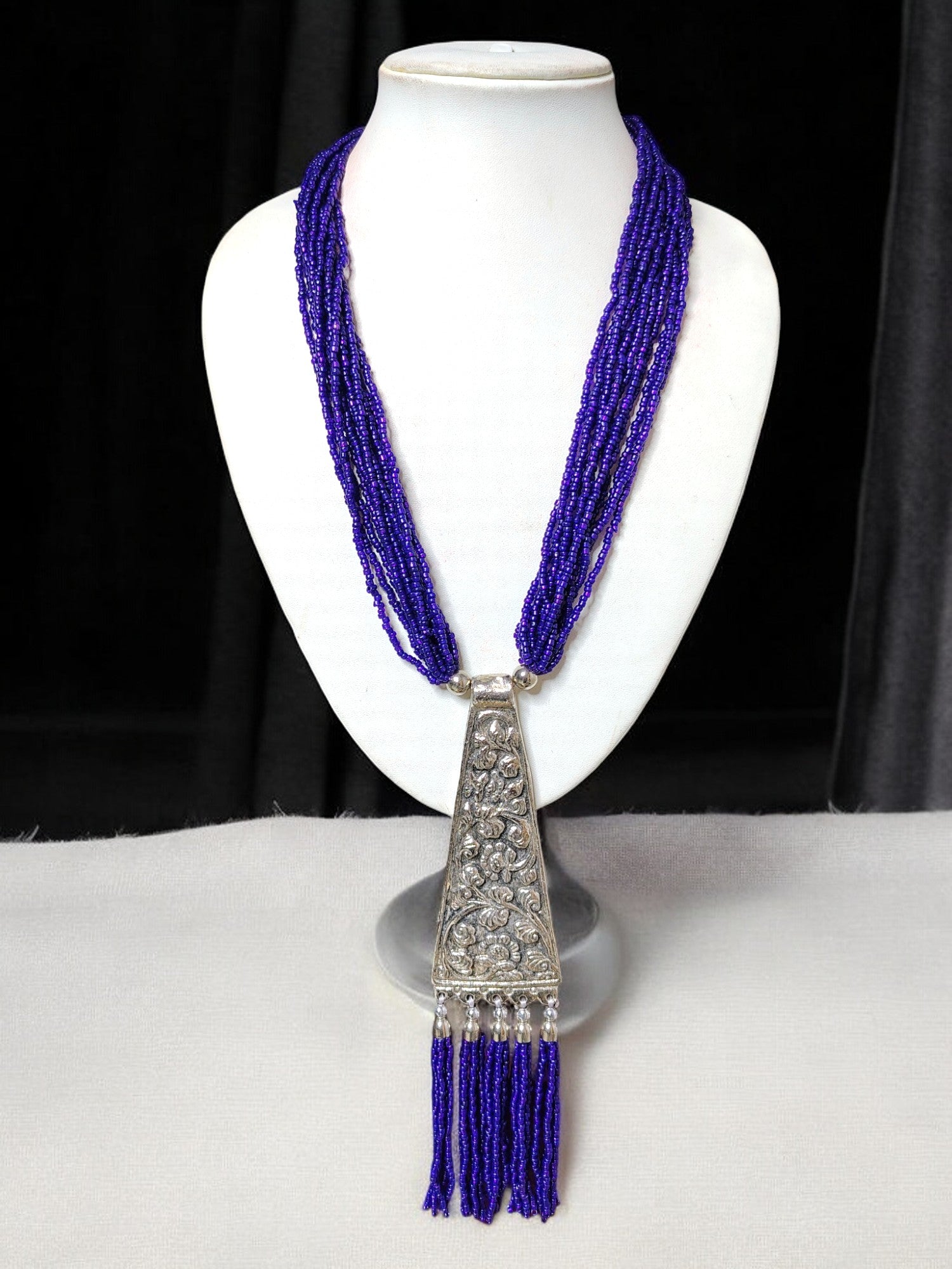 Handmade Tie Shaped Oxidized Black Metal Multi-Layered Long Necklace Set - 5 Colours Available