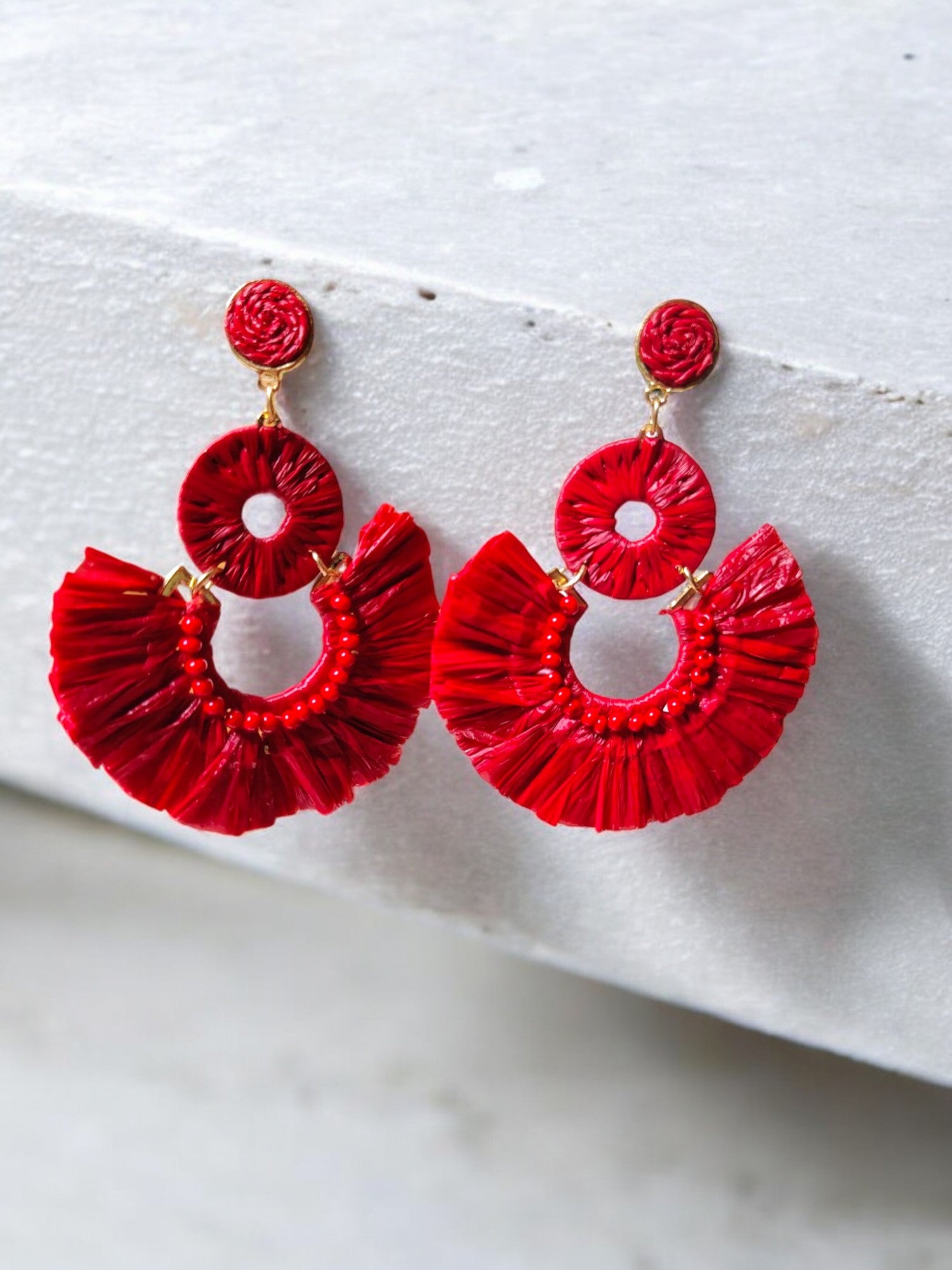 Scarlet Fringe Radiance - Handmade Statement Earrings