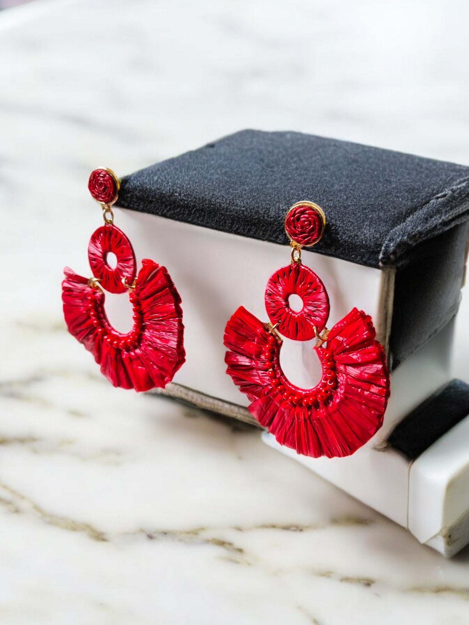 Scarlet Fringe Radiance - Handmade Statement Earrings